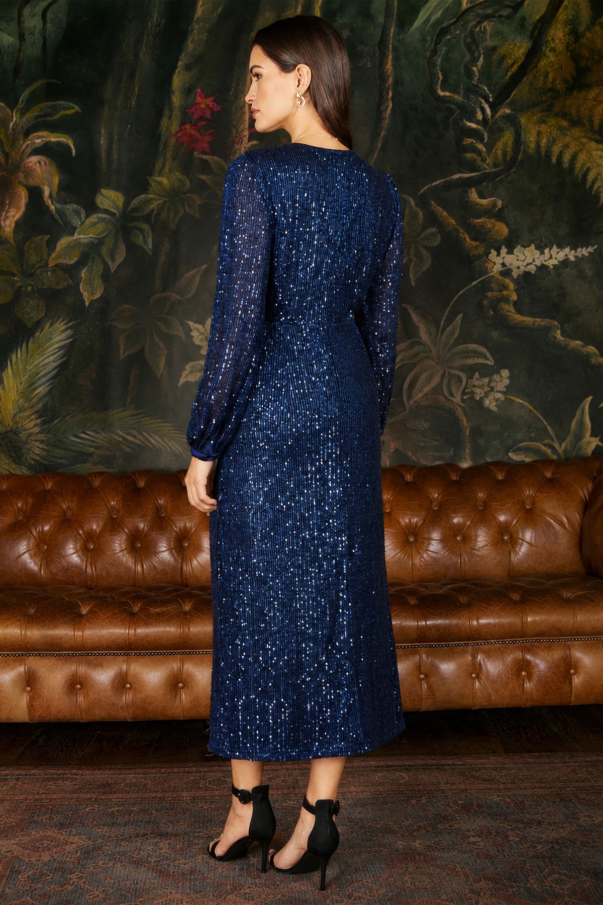 Yumi Navy Sequin Long Sleeve Midi Dress Dress Party Yumi