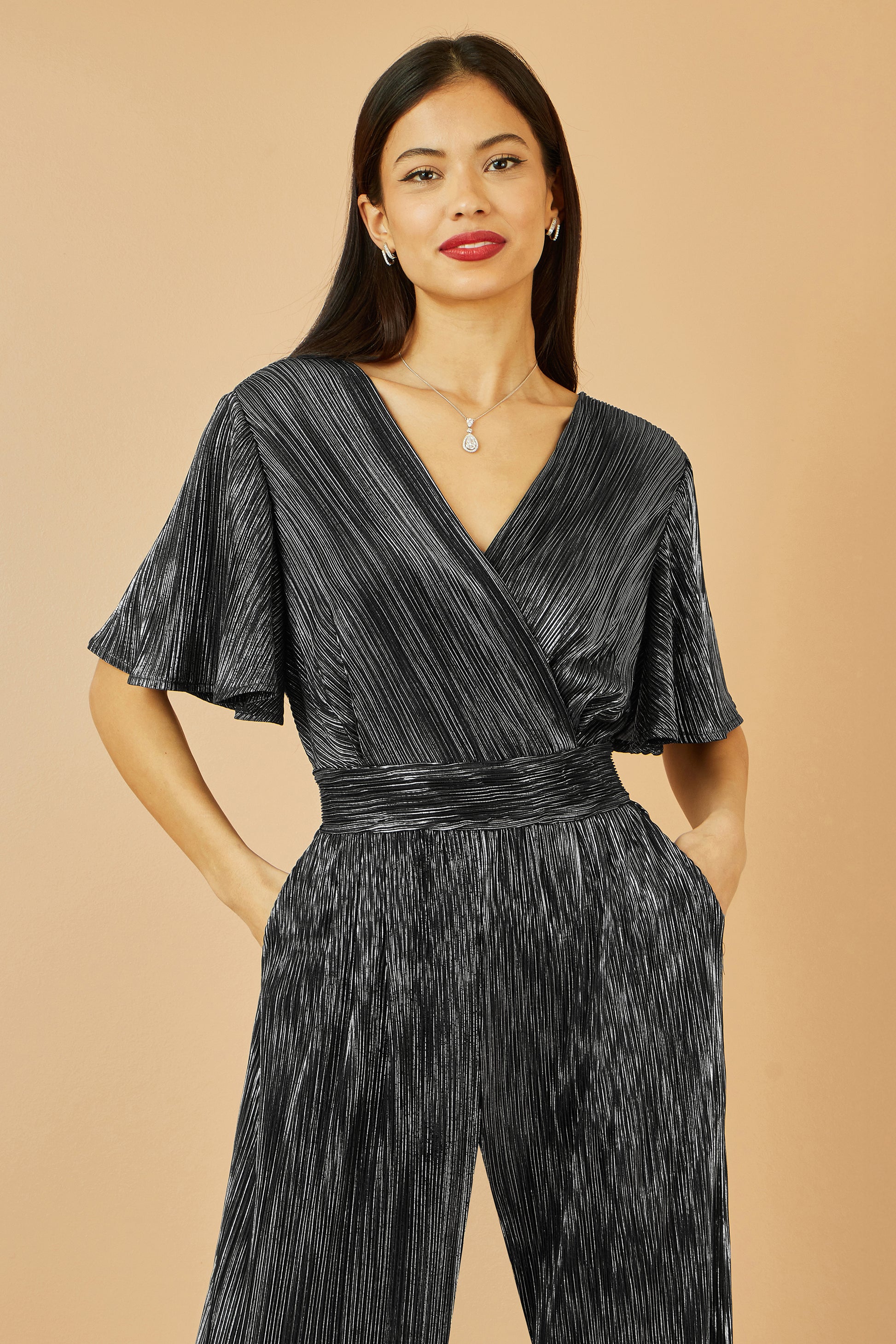 Yumi Black Metallic Pleated Jumpsuit With V Neck JUMPSUIT Yumi