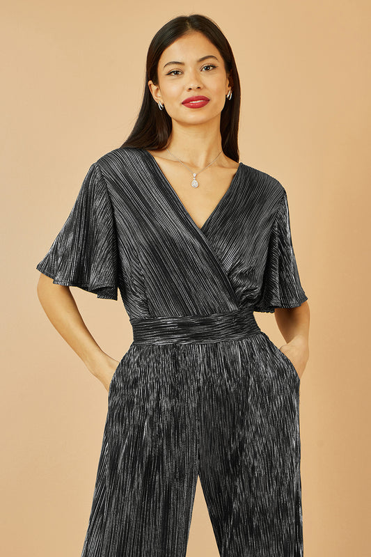 Yumi Black Metallic Pleated Jumpsuit With V Neck JUMPSUIT Yumi