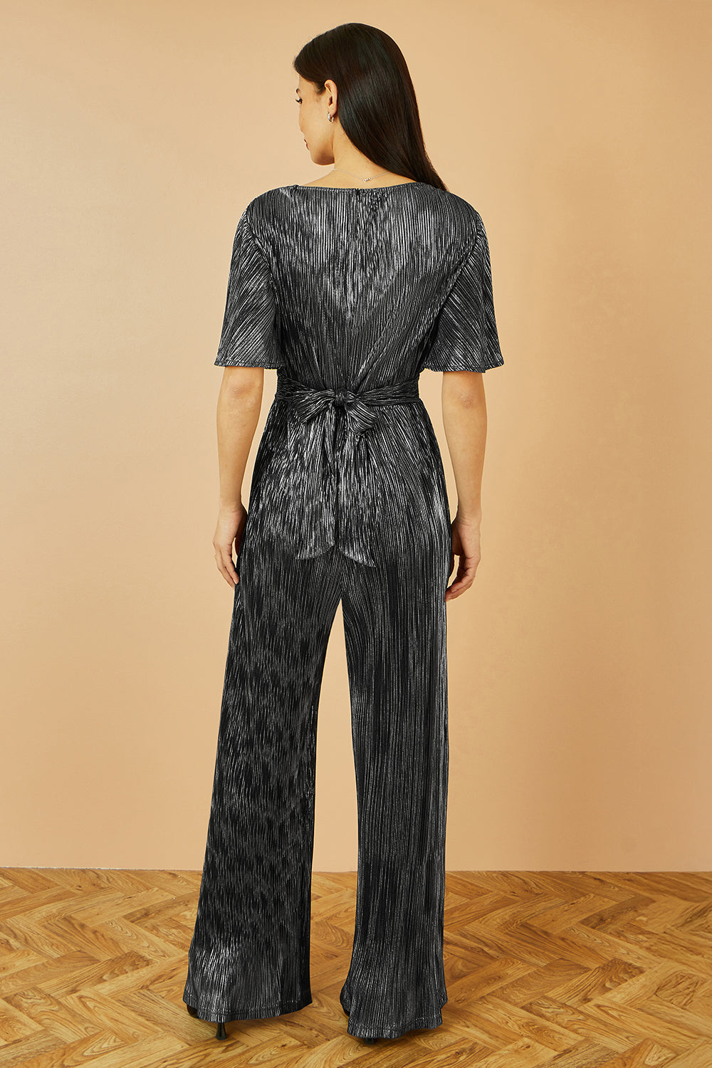 Yumi Black Metallic Pleated Jumpsuit With V Neck JUMPSUIT Yumi