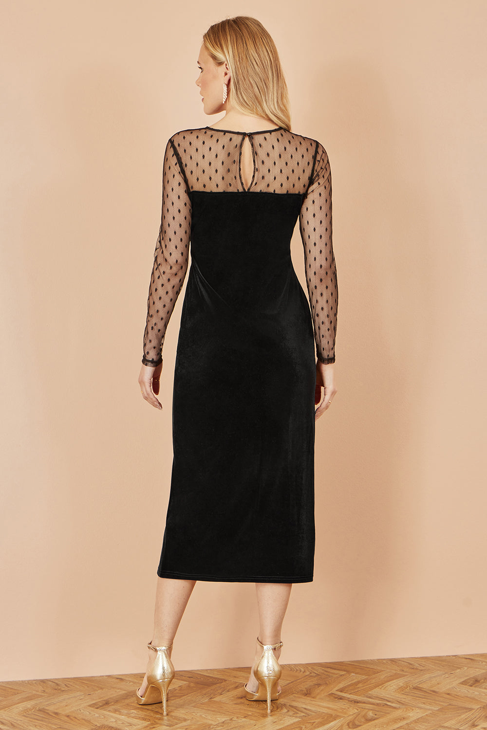 Yumi Black Velvet Midi Dress With Slash Neckline and Sheer Sleeves Dress Party Yumi