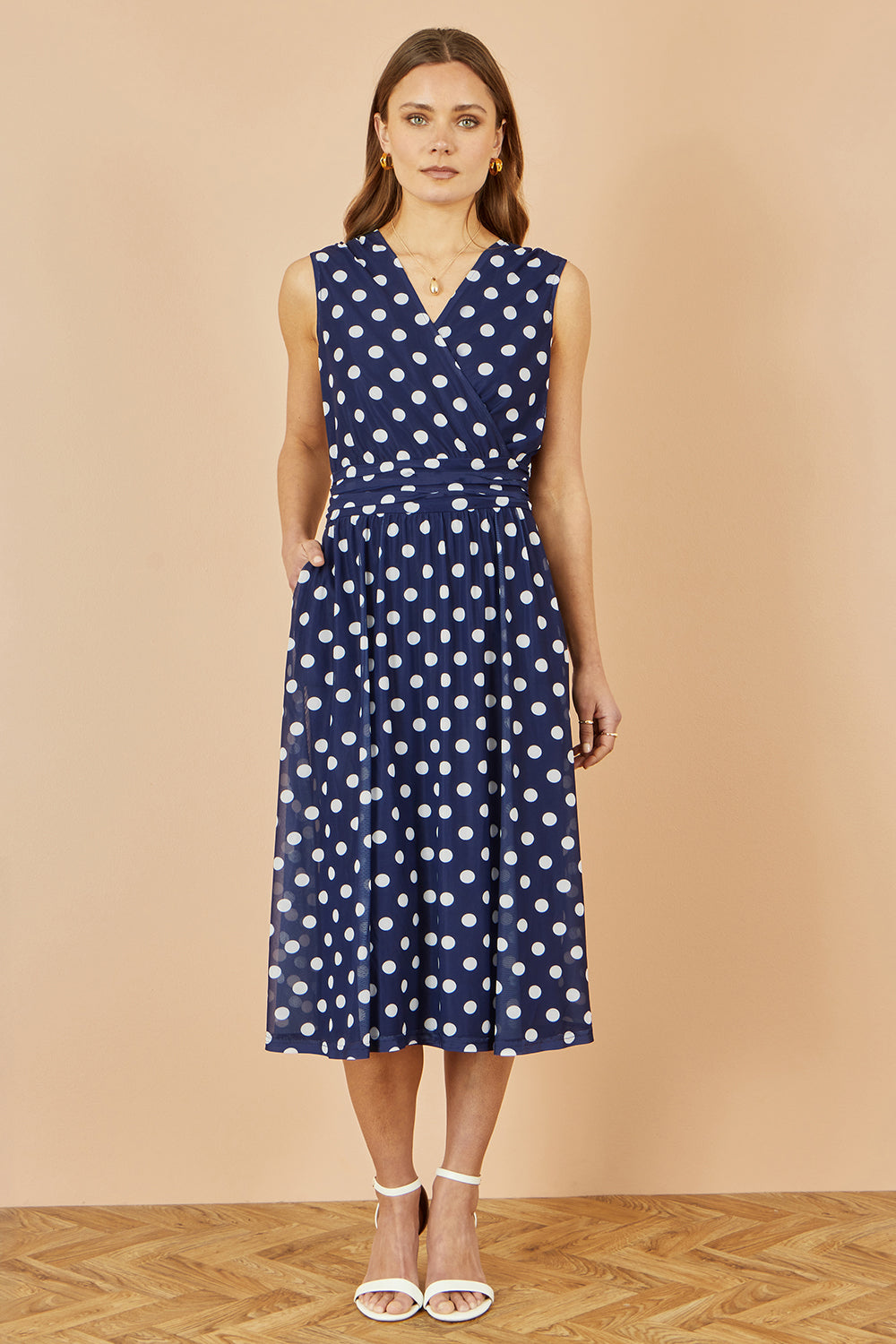 Yumi Navy Polka Dot Mesh Wrap Skater Dress With Pockets Dress Occasion Yumi