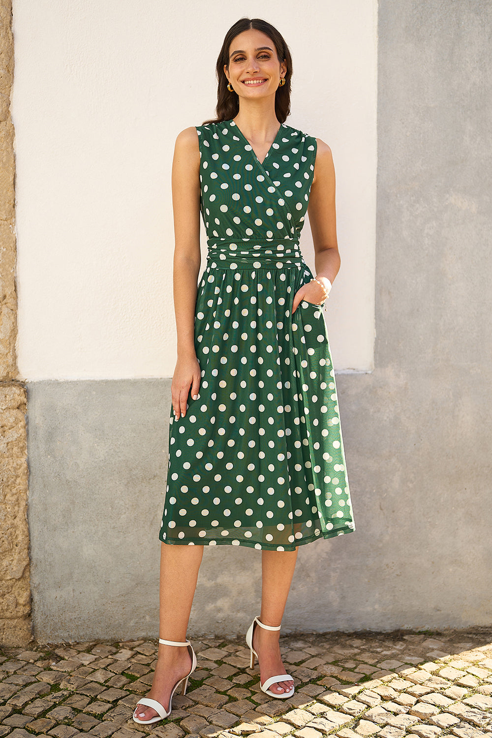 green dress with white polka dots Yumi Green Polka Dot Mesh Wrap Skater Dress With Pockets