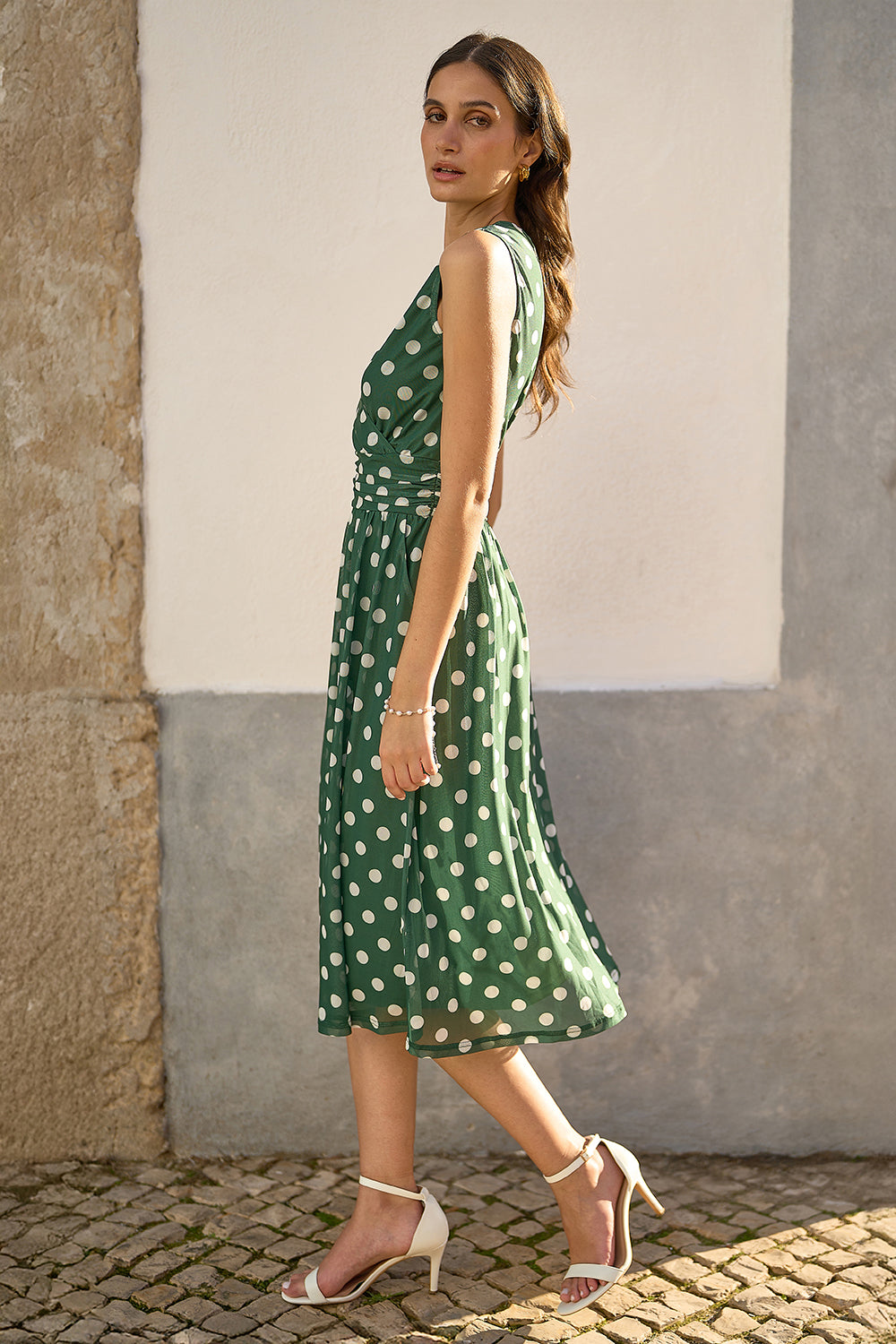 Yumi Green Polka Dot Mesh Wrap Skater Dress With Pockets Dress Occasion Yumi