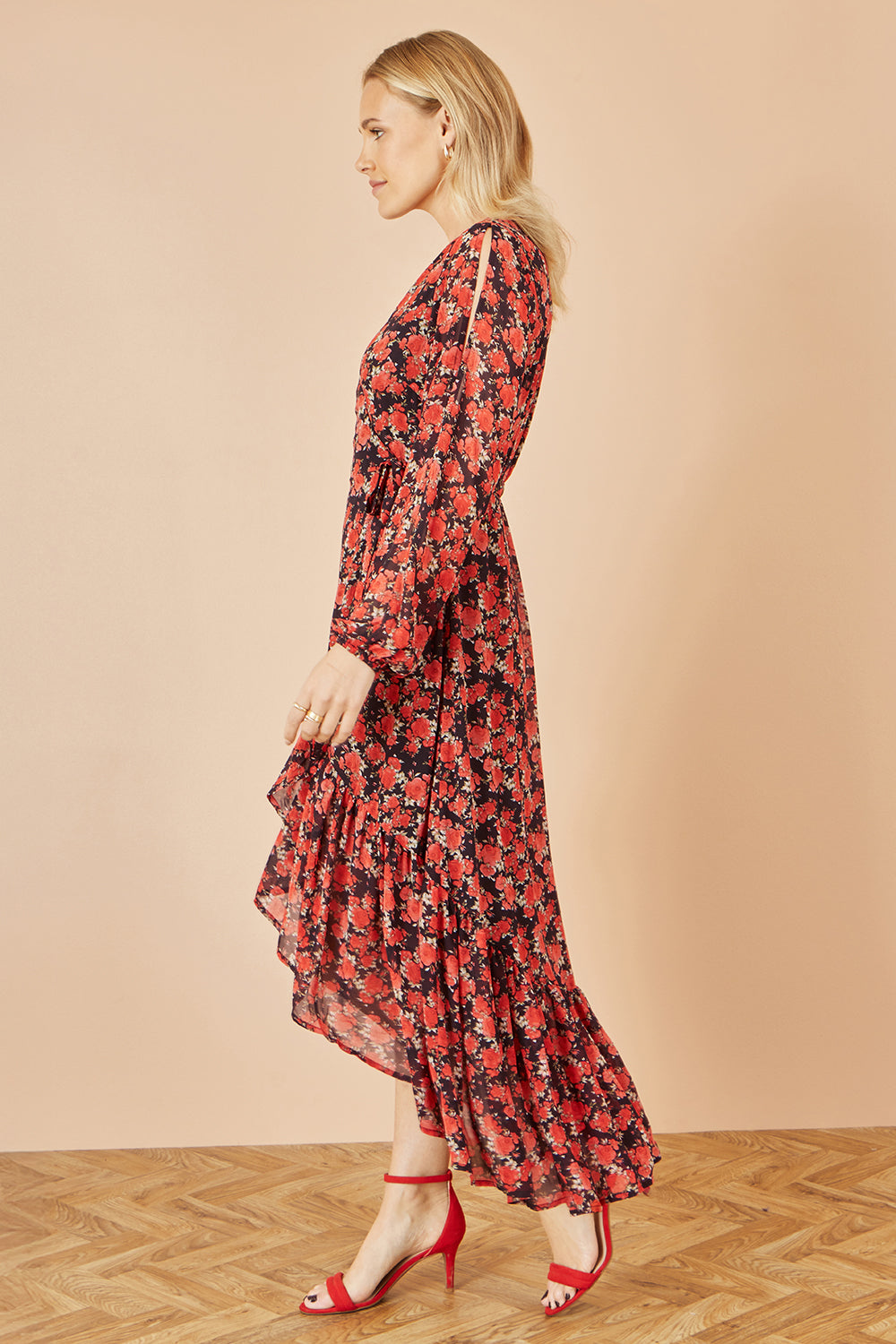 Yumi Red Rose Print Dipped Hemline Midi Dress With Open Long Sleeves Dress Occasion Yumi