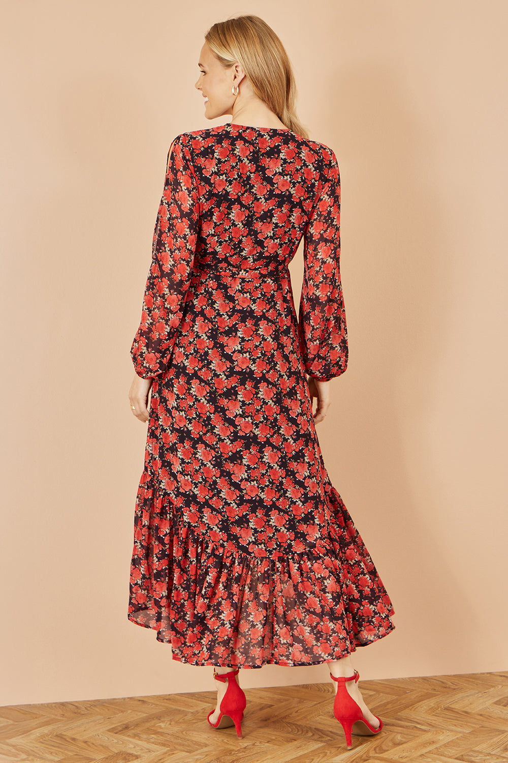 Yumi Red Rose Print Dipped Hemline Midi Dress With Open Long Sleeves Dress Occasion Yumi