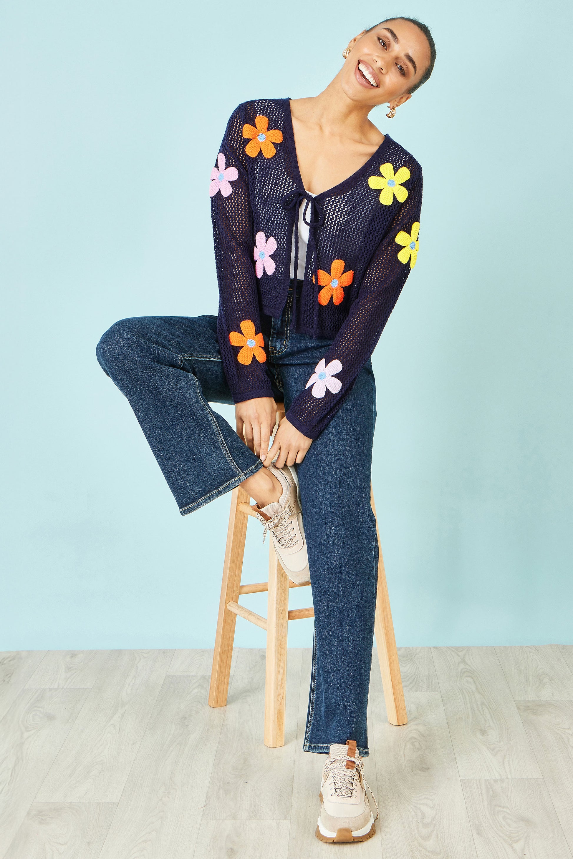 Yumi Navy Tie Front Cardigan With Flower Design Knit Cardigan Yumi