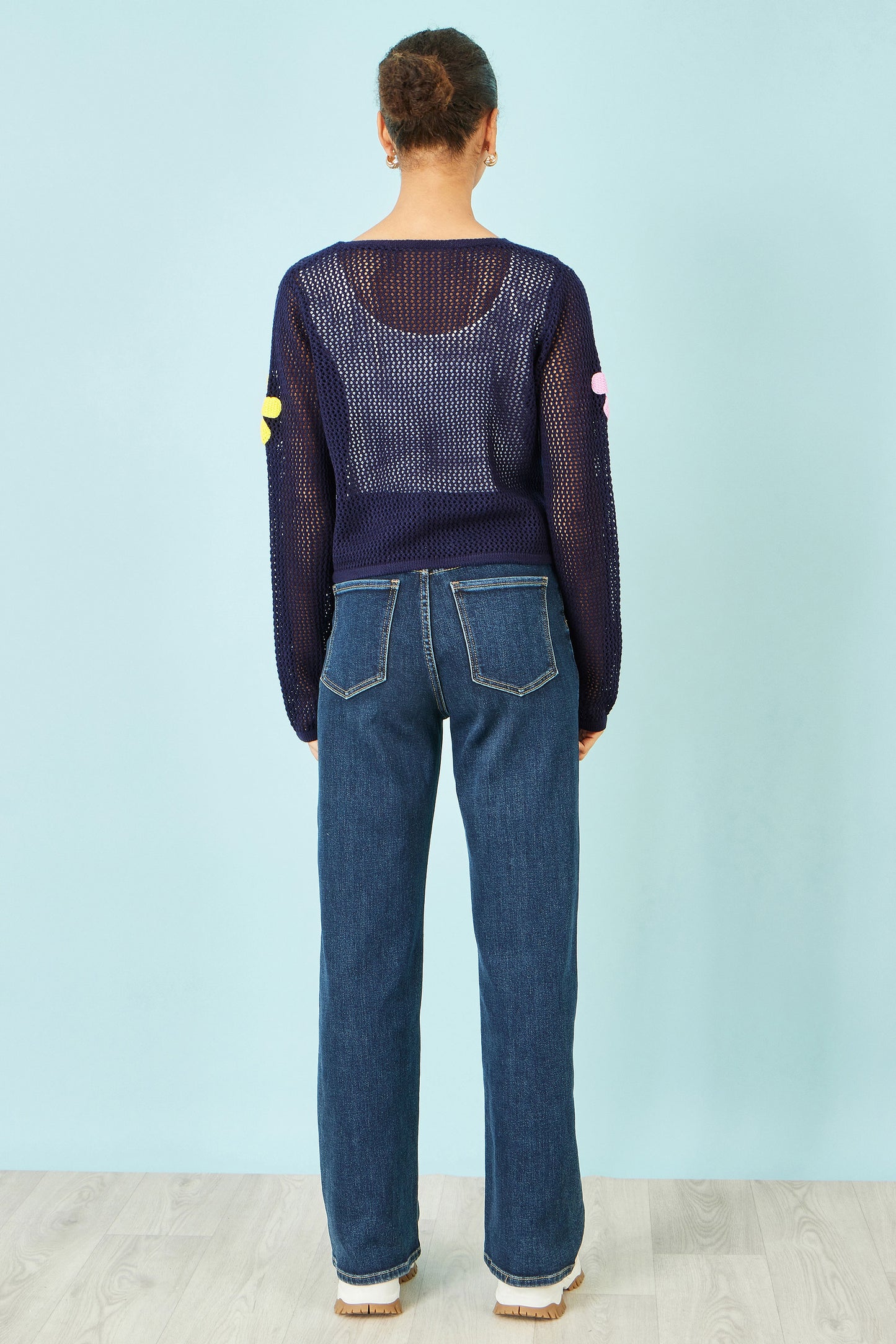 Yumi Navy Tie Front Cardigan With Flower Design Knit Cardigan Yumi