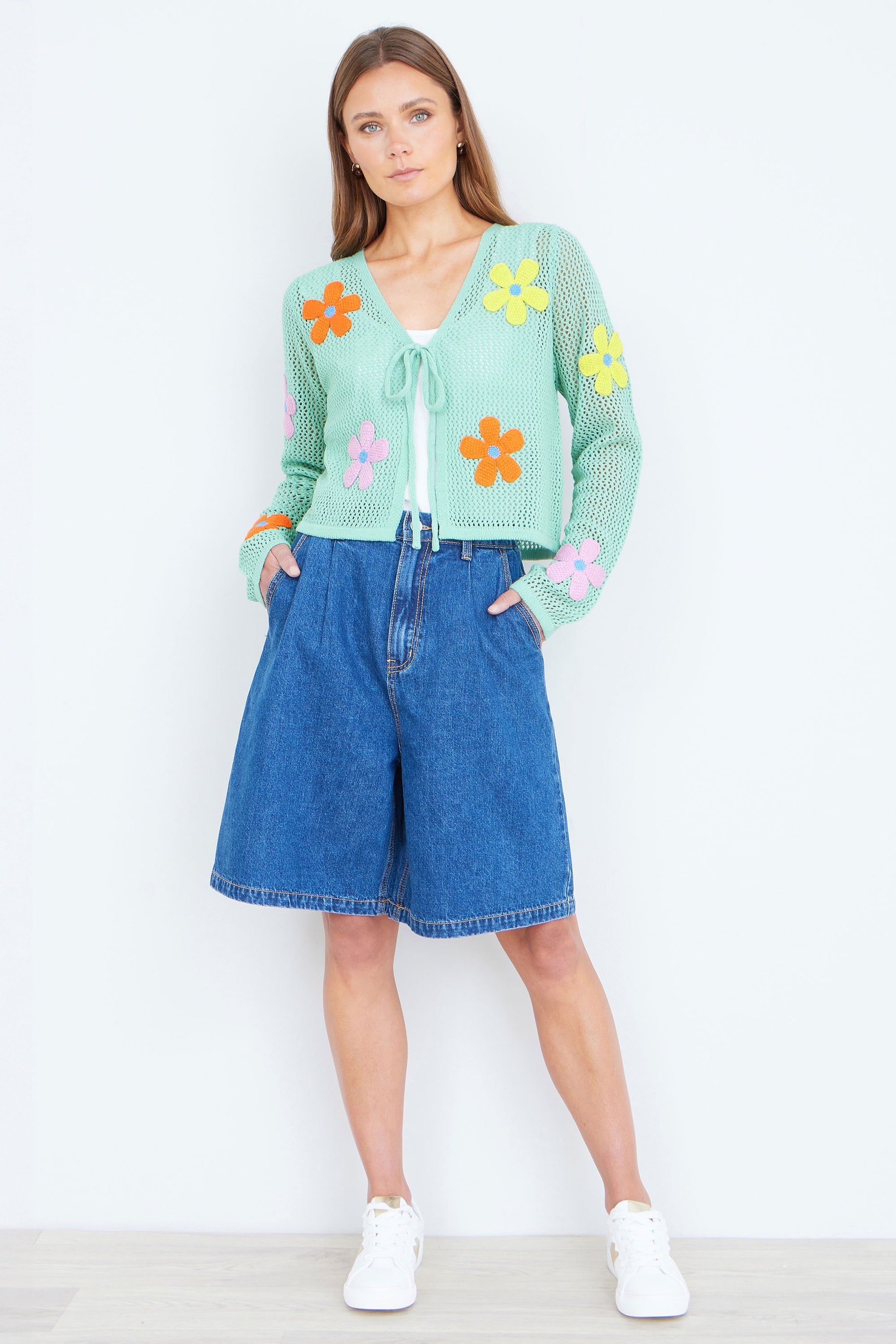 Yumi Mint Tie Front Cardigan With Flower Design Knit Cardigan Yumi