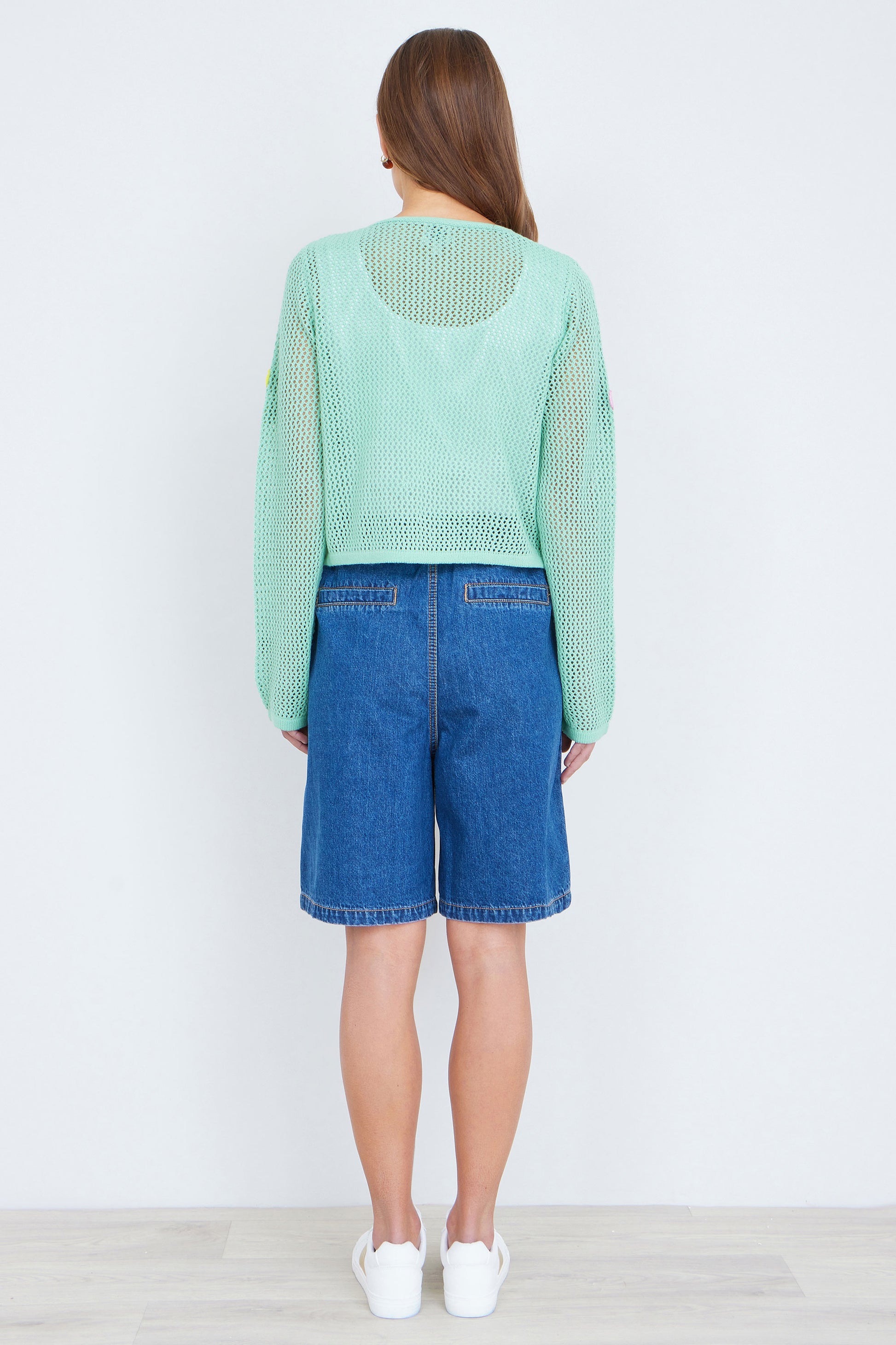 Yumi Mint Tie Front Cardigan With Flower Design Knit Cardigan Yumi