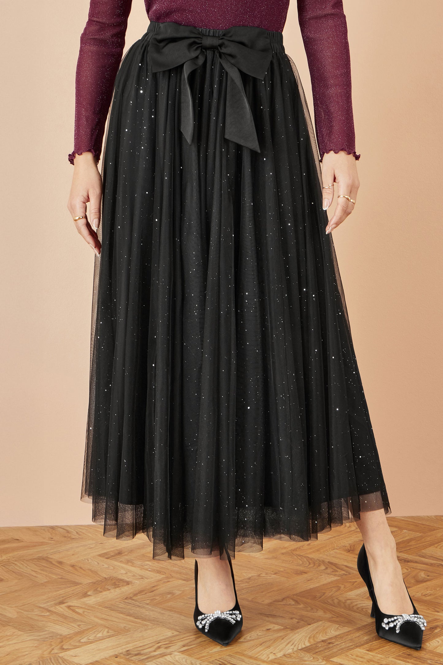 Yumi Black Sparkle Mesh Tulle Skirt With Satin Bow Skirts Yumi