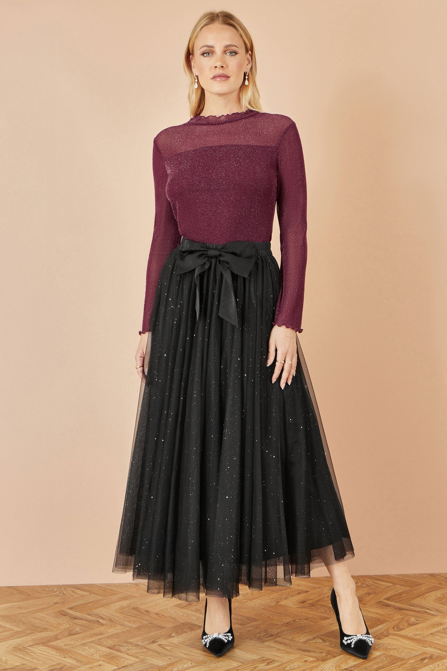 Yumi Black Sparkle Mesh Tulle Skirt With Satin Bow Skirts Yumi