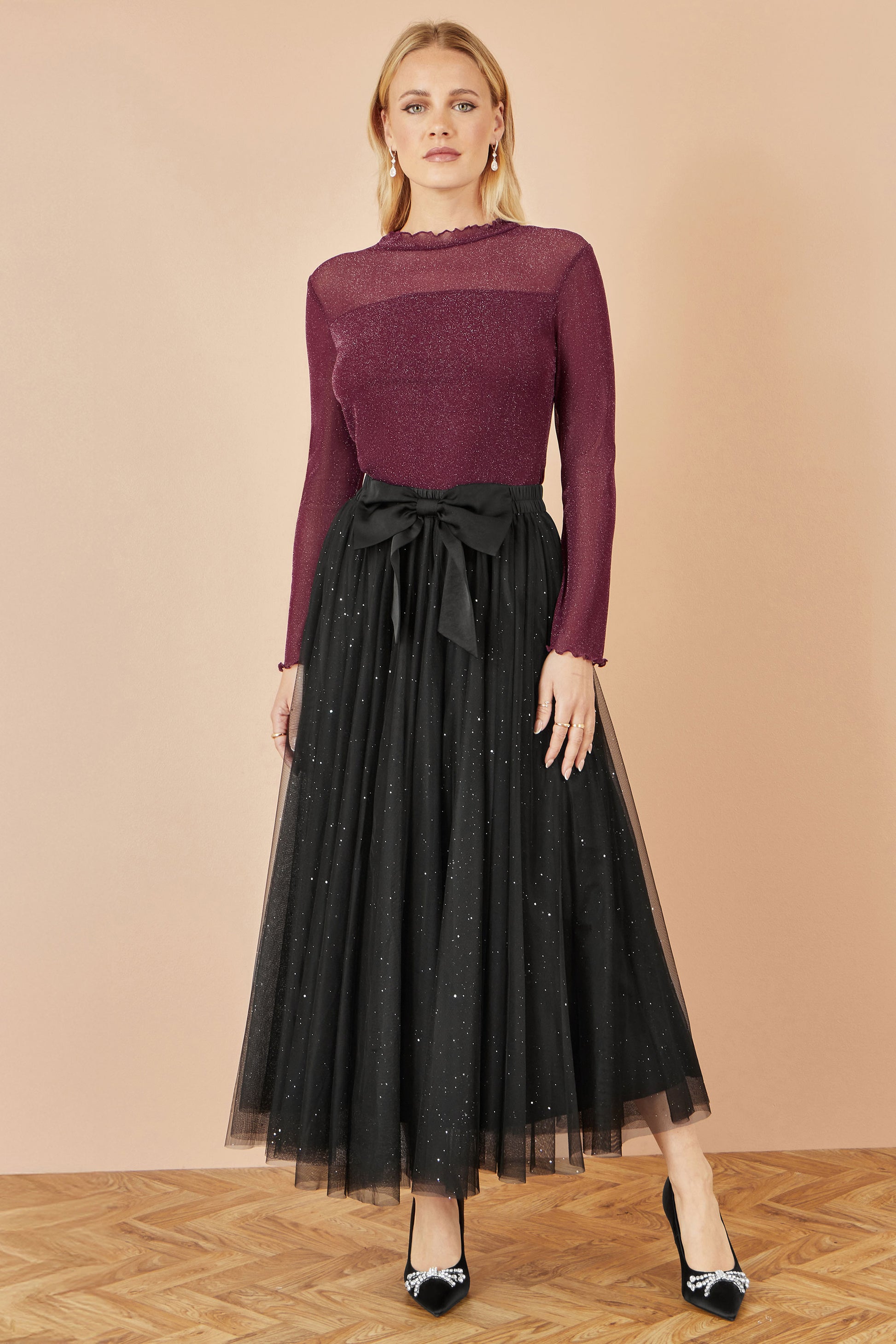 Yumi Black Sparkle Mesh Tulle Skirt With Satin Bow Skirts Yumi