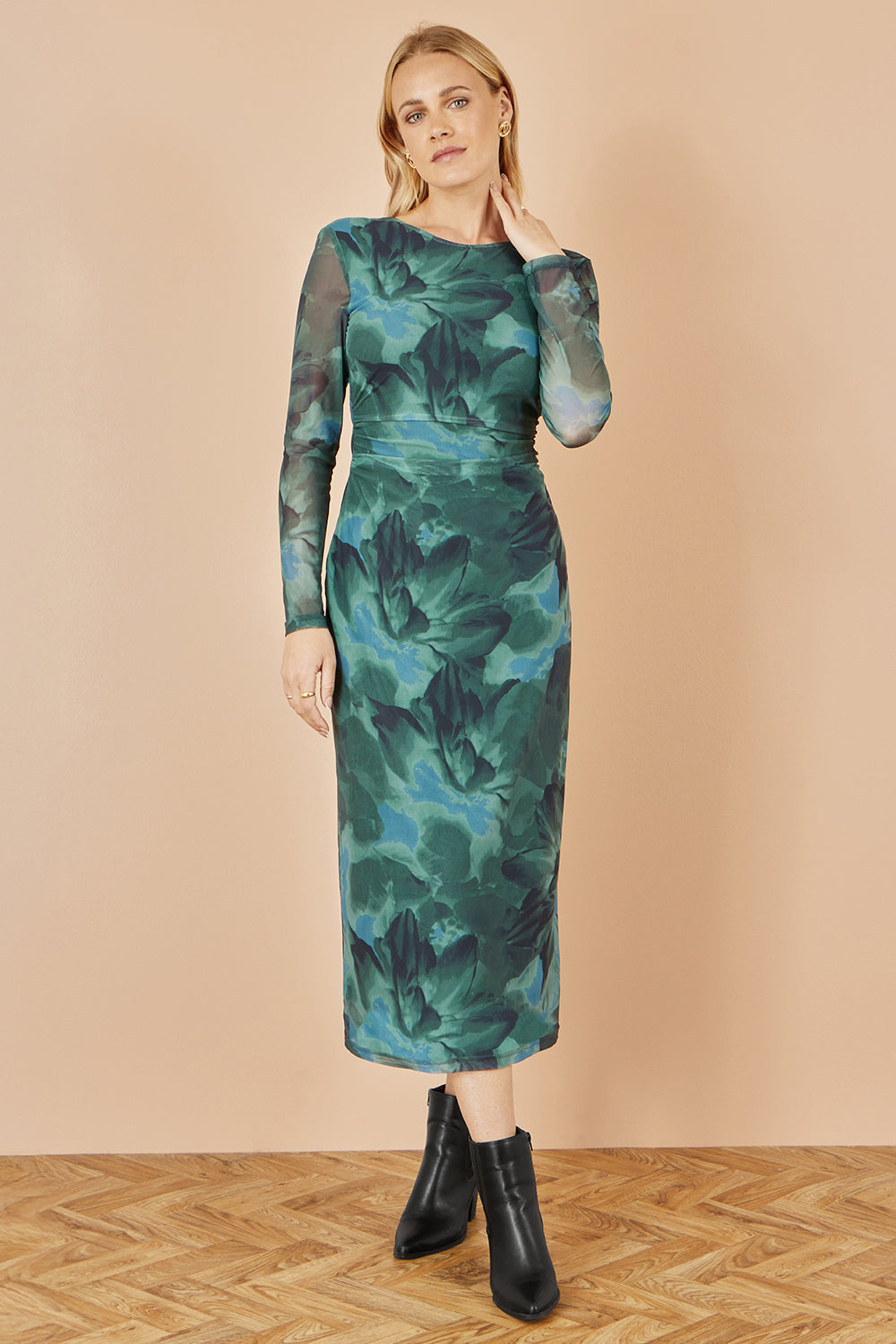 Yumi Green Floral Mesh Bodycon Dress With Tie Back Dress Occasion Yumi