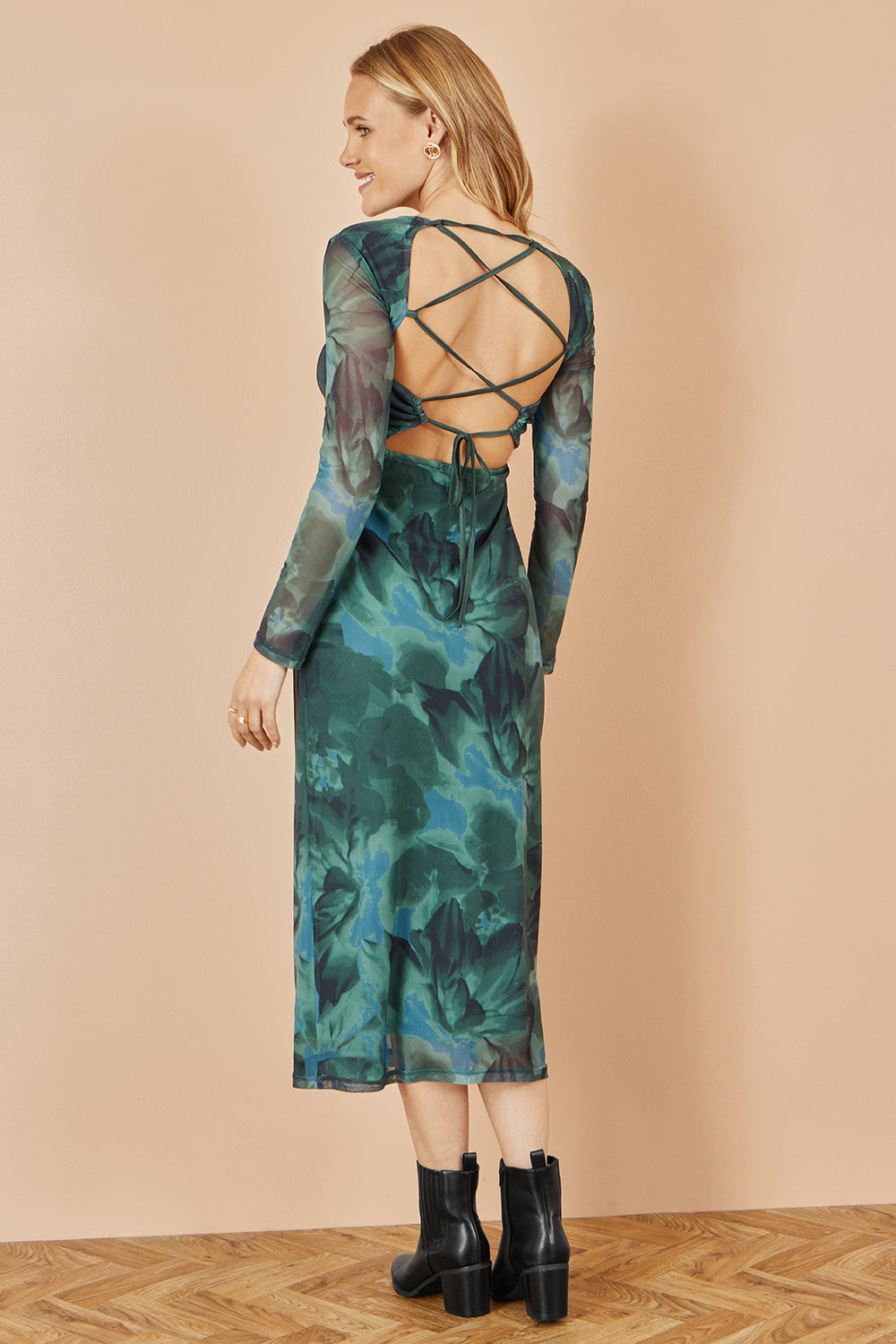 princess polly baby blue dress Yumi Green Floral Mesh Bodycon Dress With Tie Back