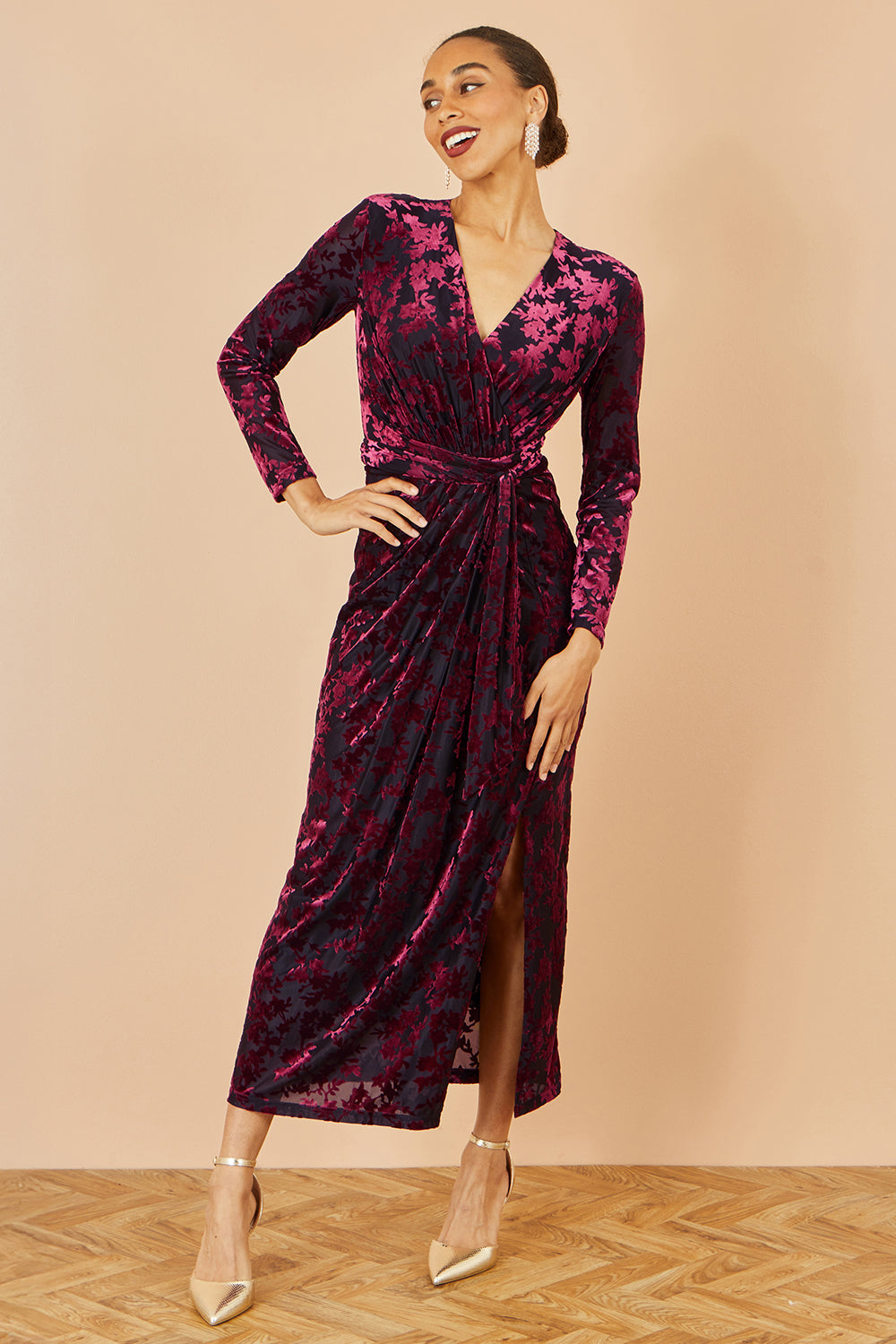Yumi Burgundy Velour Stretch Midi Dress With Long Sleeves Dress Party Yumi