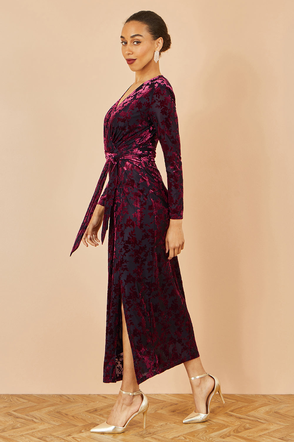 Yumi Burgundy Velour Stretch Midi Dress With Long Sleeves | Yumi