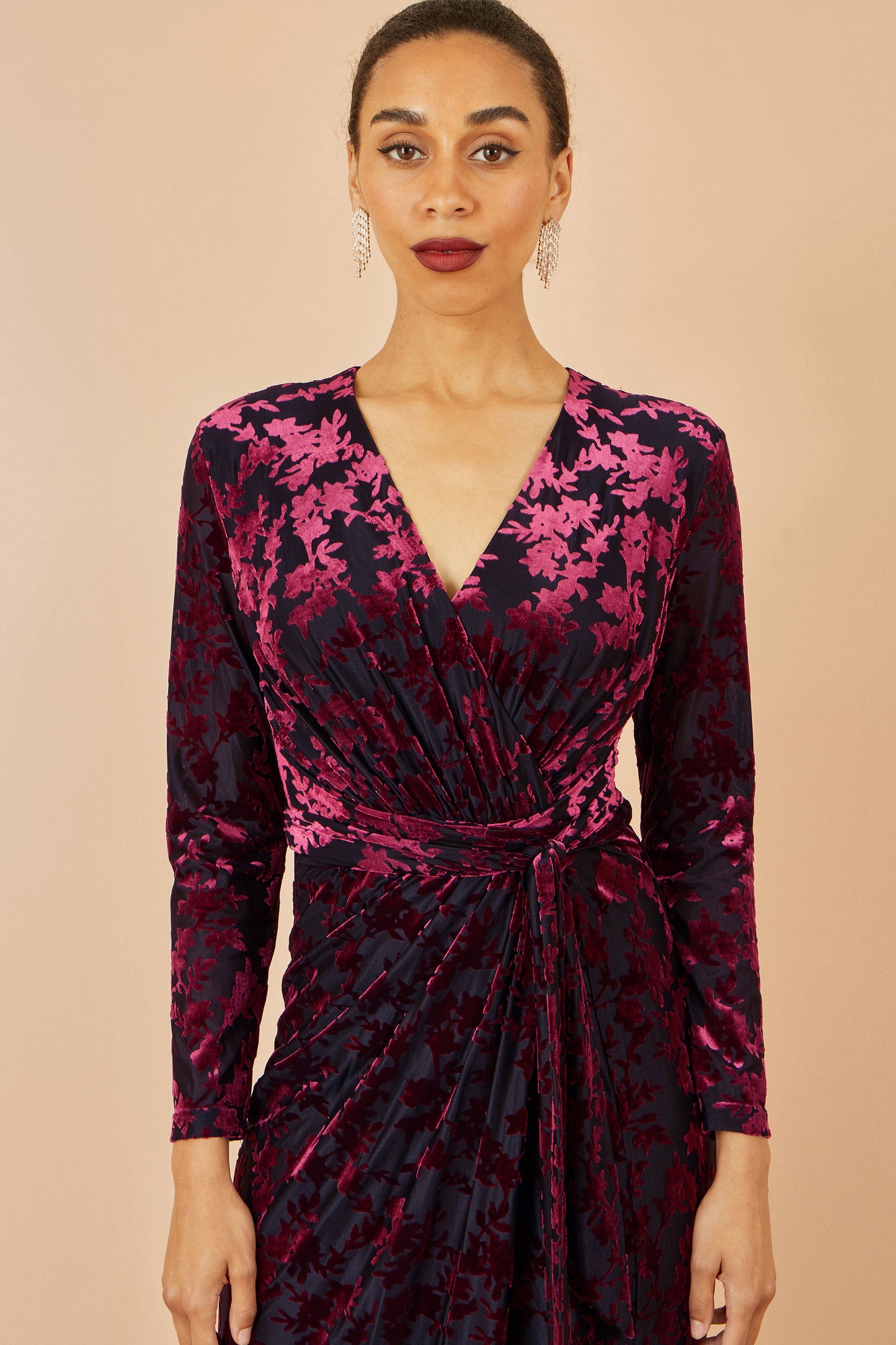 Yumi Burgundy Velour Stretch Midi Dress With Long Sleeves Dress Party Yumi