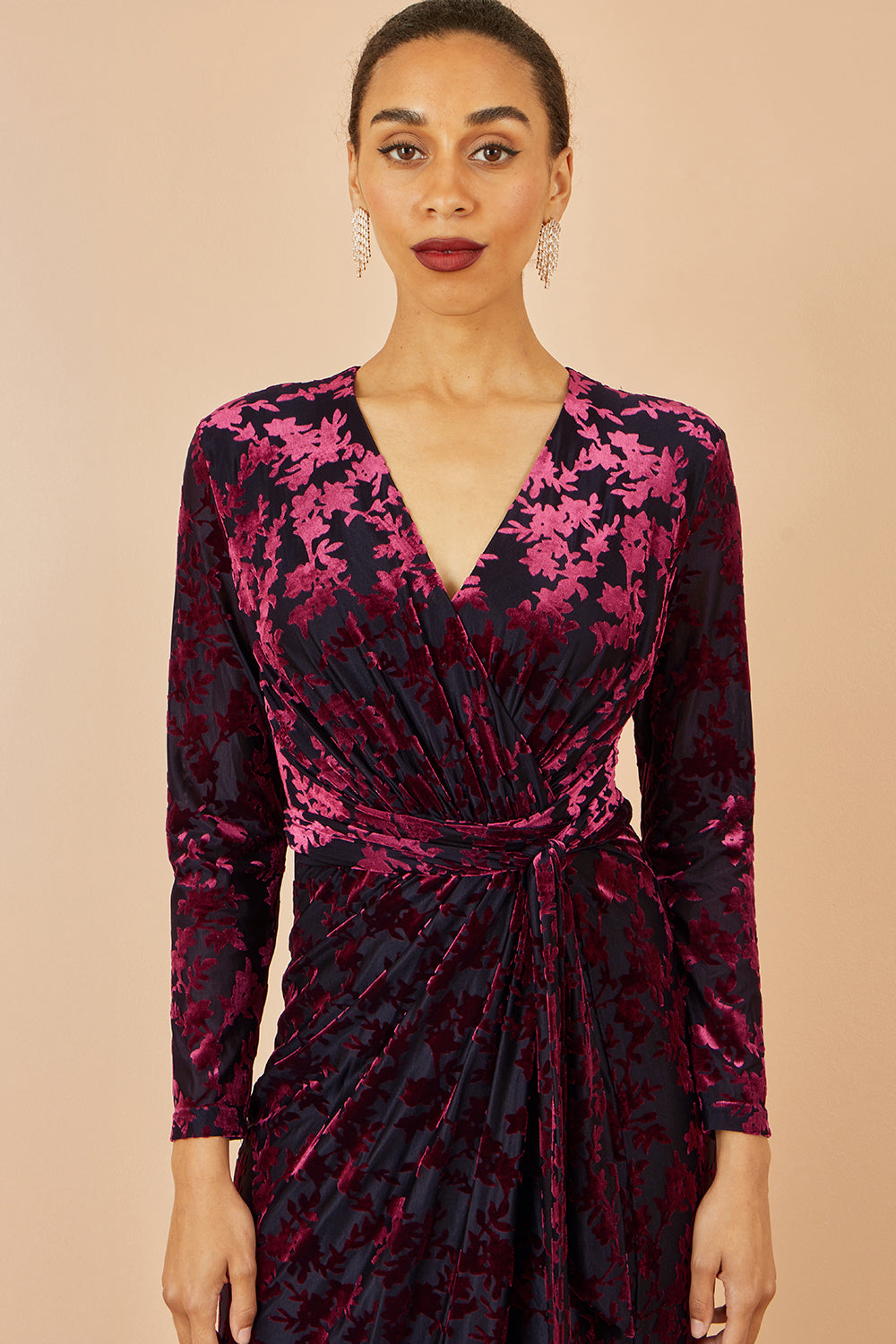 Yumi Burgundy Velour Stretch Midi Dress With Long Sleeves Dress Party Yumi