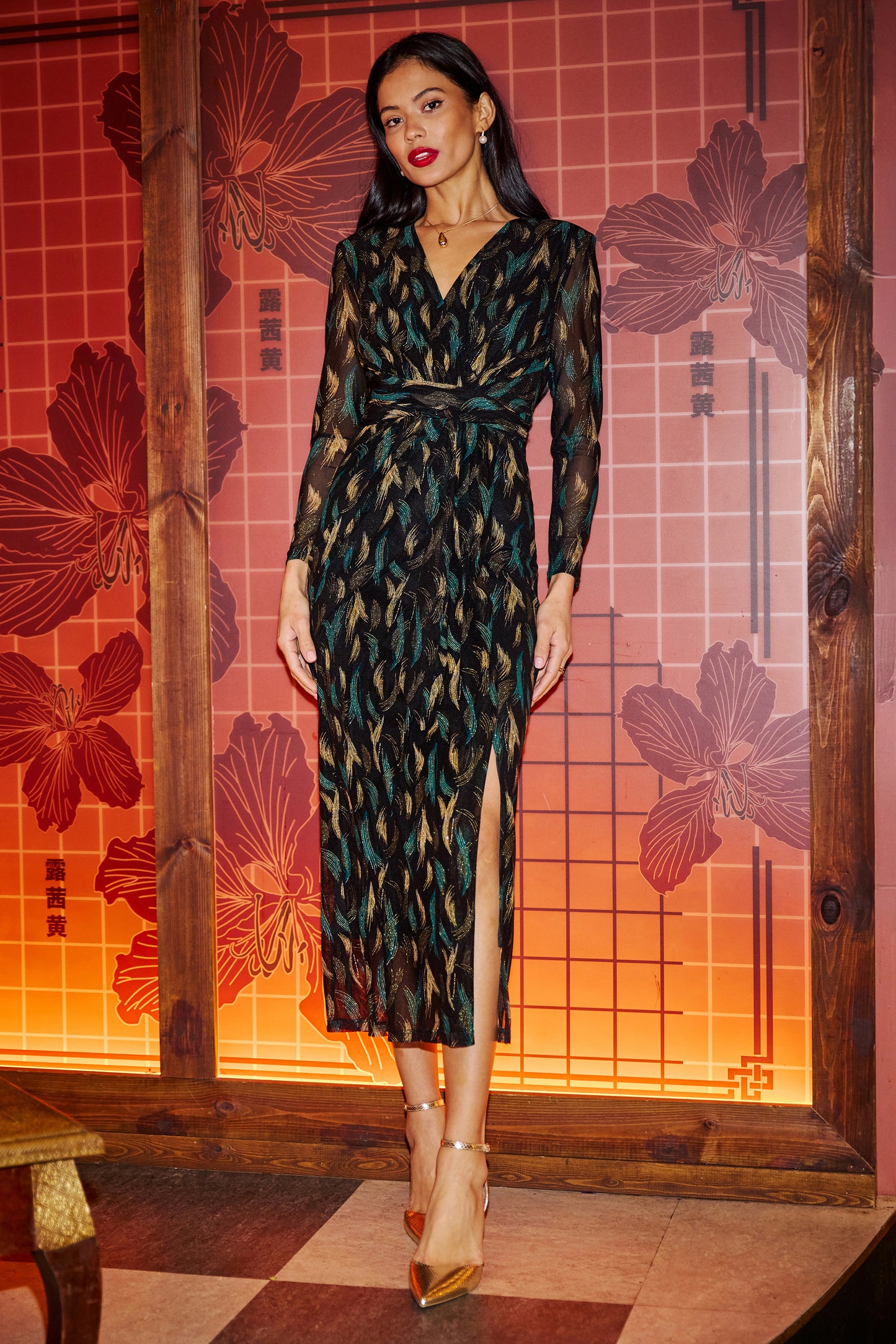 Yumi Black Metallic Sparkle Mesh Wrap Midi Dress Dress Party Yumi