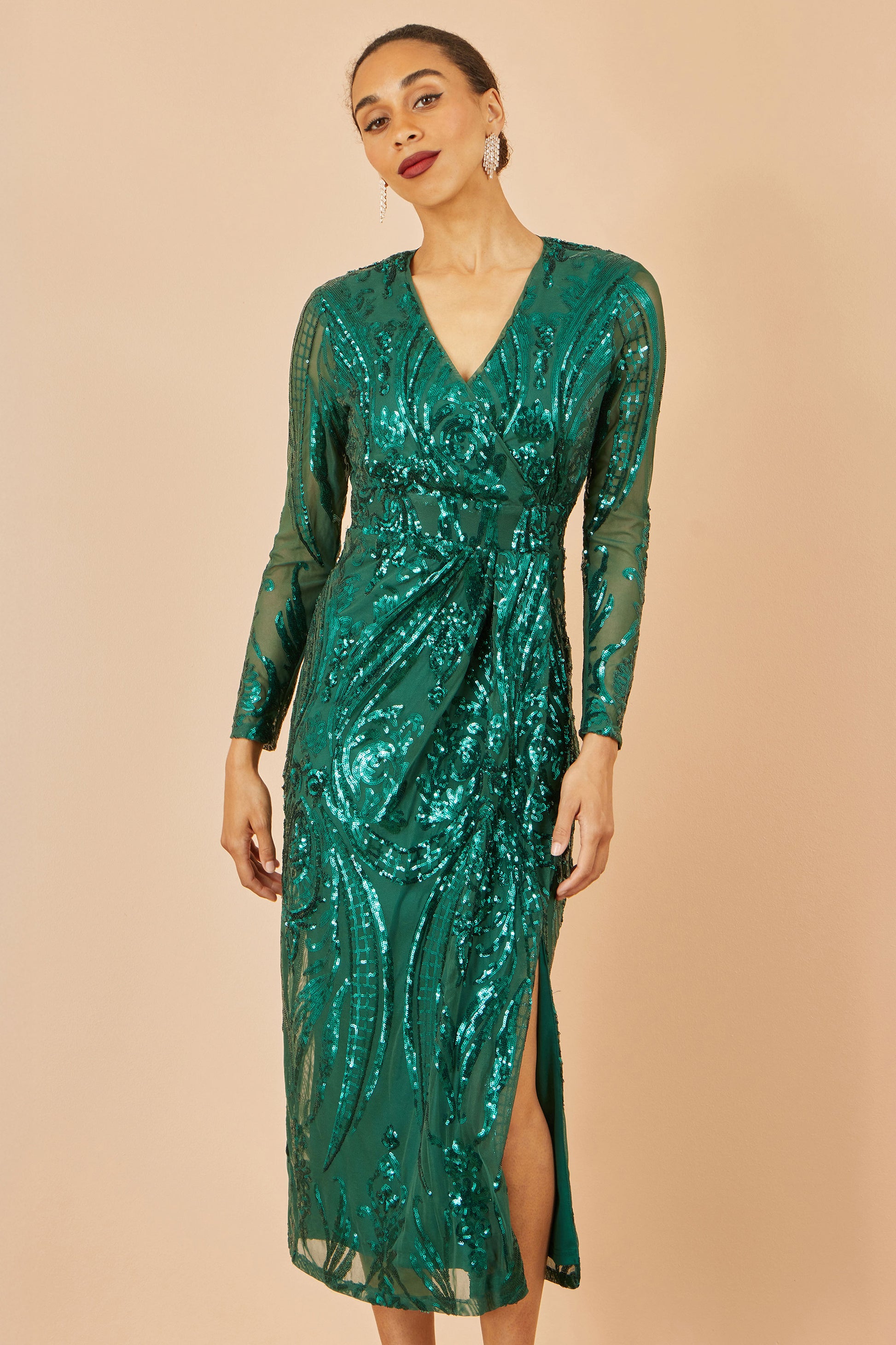 Yumi Green Sequin Midi Wrap Dress With Split Hemline And Long Sleeves Dress Party Yumi