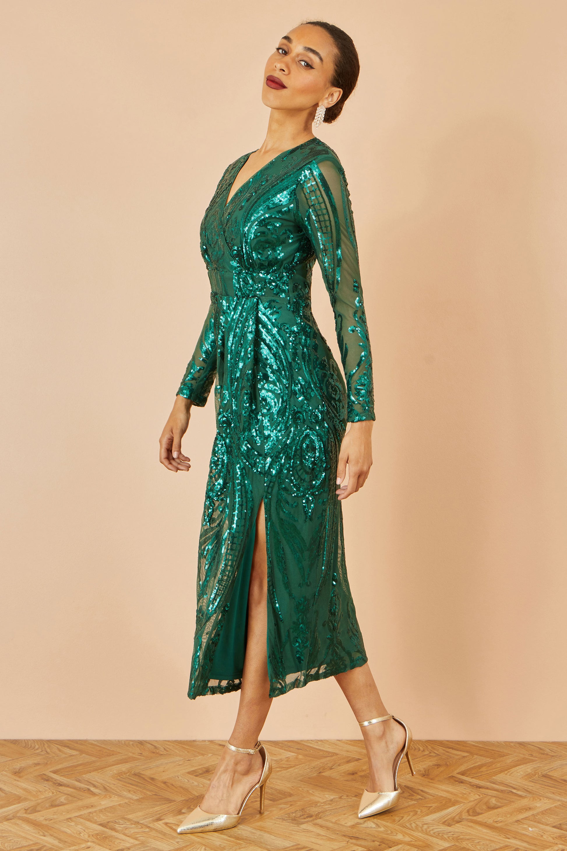 Yumi Green Sequin Midi Wrap Dress With Split Hemline And Long Sleeves Dress Party Yumi