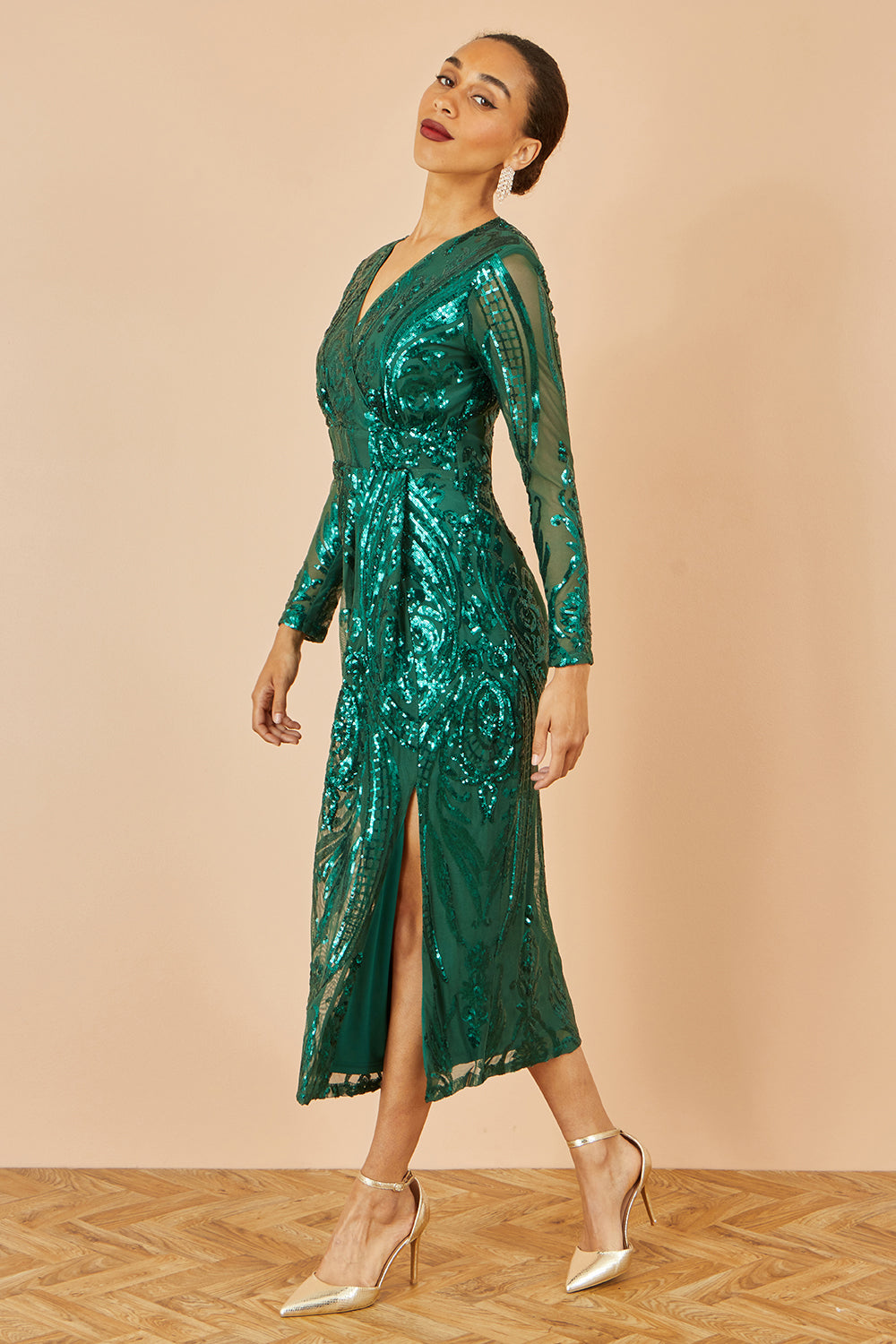 Yumi Green Sequin Midi Wrap Dress With Split Hemline And Long Sleeves Dress Party Yumi