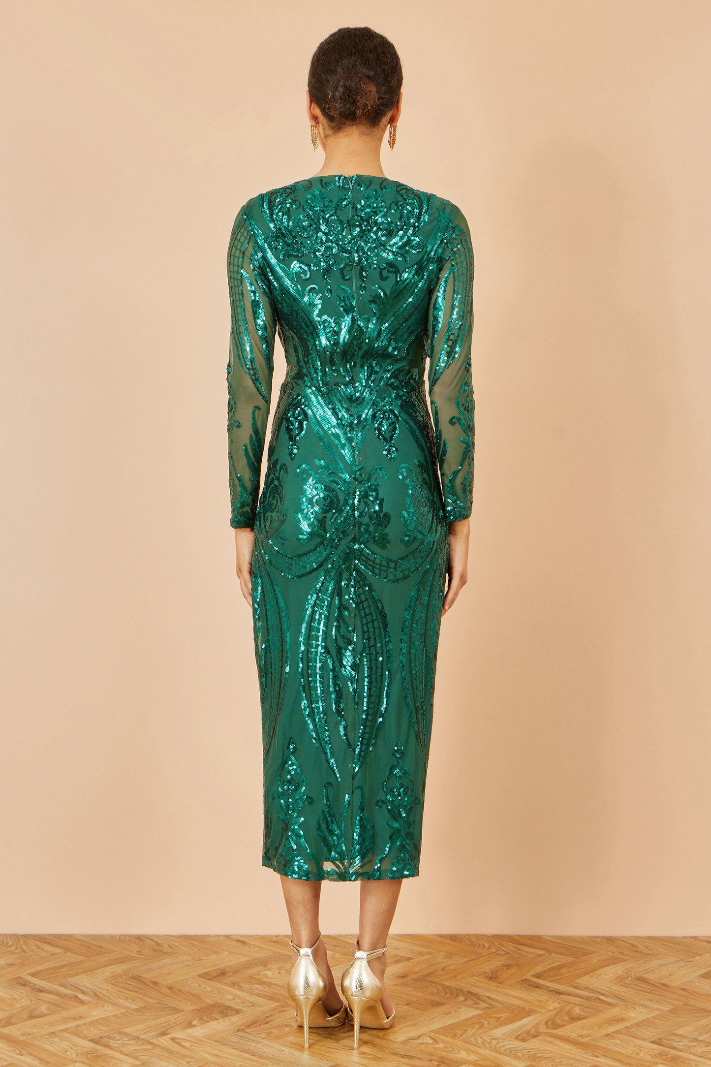 Yumi Green Sequin Midi Wrap Dress With Split Hemline And Long Sleeves Dress Party Yumi