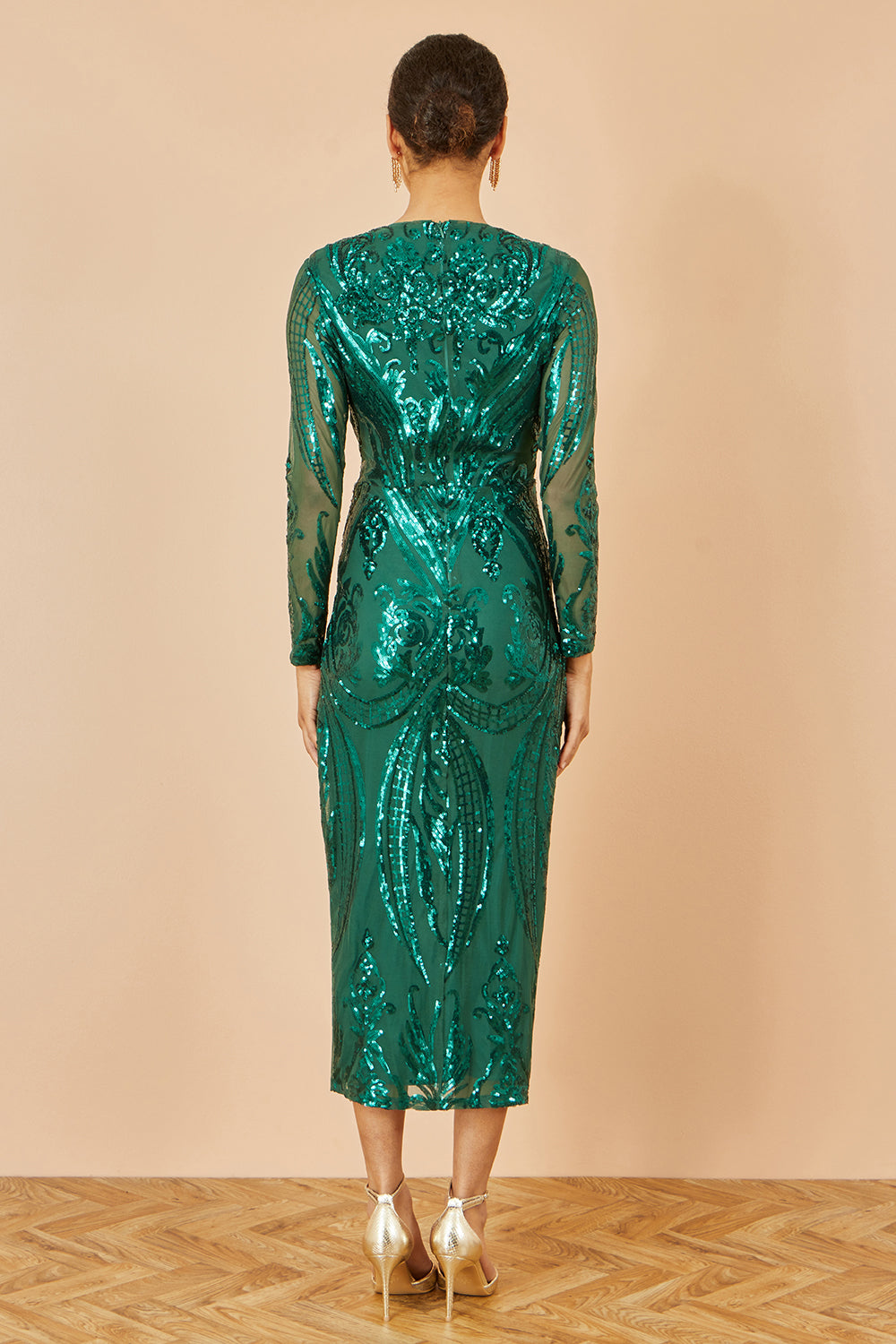 Yumi Green Sequin Midi Wrap Dress With Split Hemline And Long Sleeves Dress Party Yumi