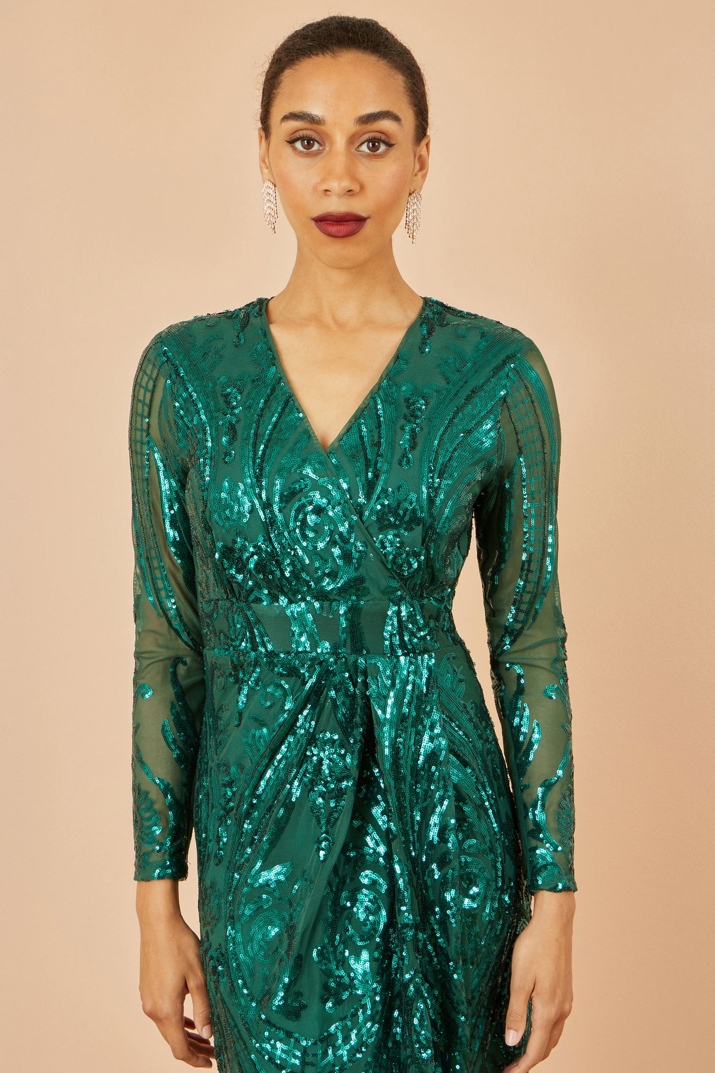 Yumi Green Sequin Midi Wrap Dress With Split Hemline And Long Sleeves Dress Party Yumi