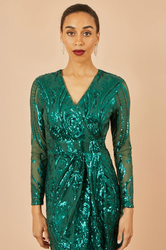 Yumi Green Sequin Midi Wrap Dress With Split Hemline And Long Sleeves Dress Party Yumi