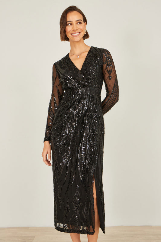 Yumi Black Sequin Midi Wrap Dress With Split Hemline And Long Sleeves Dress Party Yumi