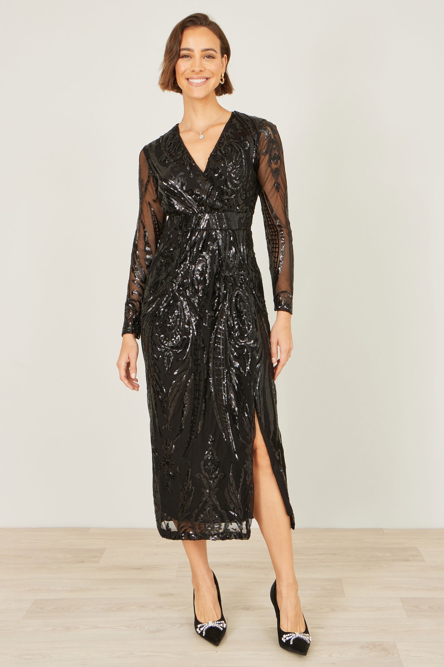 Yumi Black Sequin Midi Wrap Dress With Split Hemline And Long Sleeves Dress Party Yumi