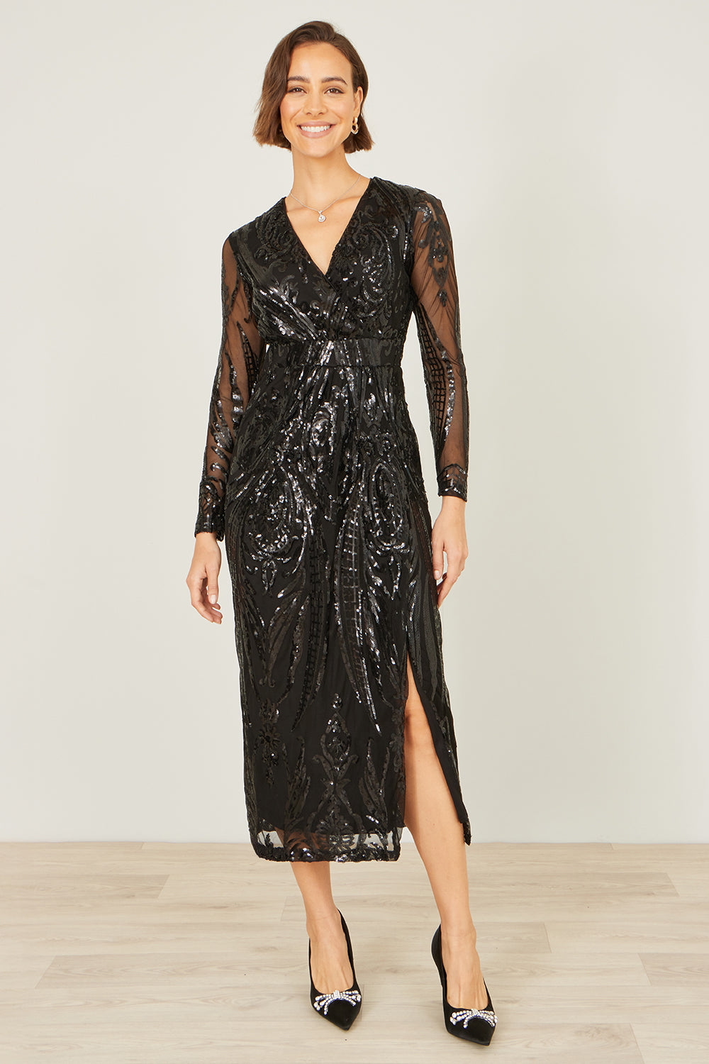Yumi Black Sequin Midi Wrap Dress With Split Hemline And Long Sleeves Dress Party Yumi
