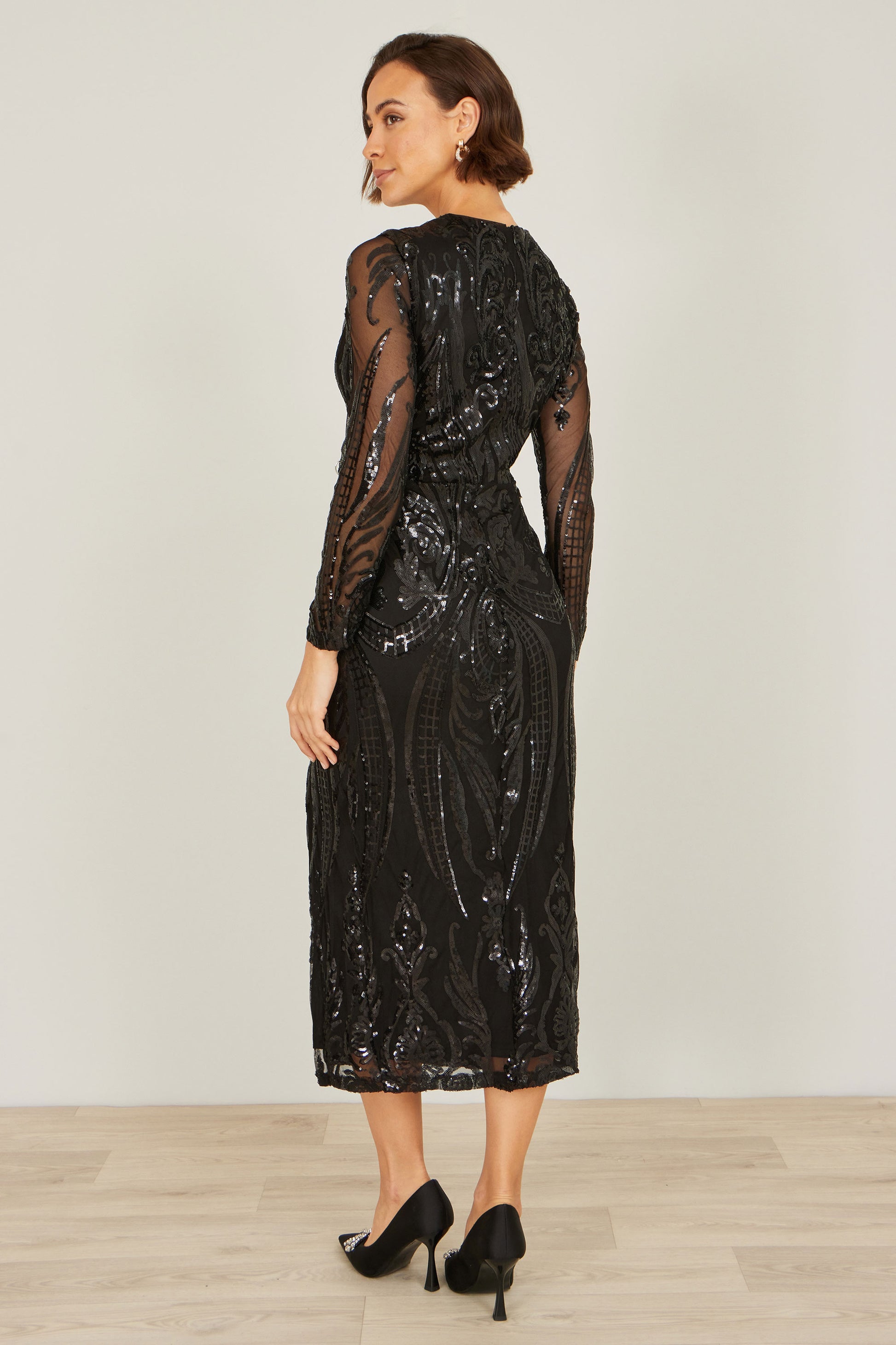 Yumi Black Sequin Midi Wrap Dress With Split Hemline And Long Sleeves Dress Party Yumi