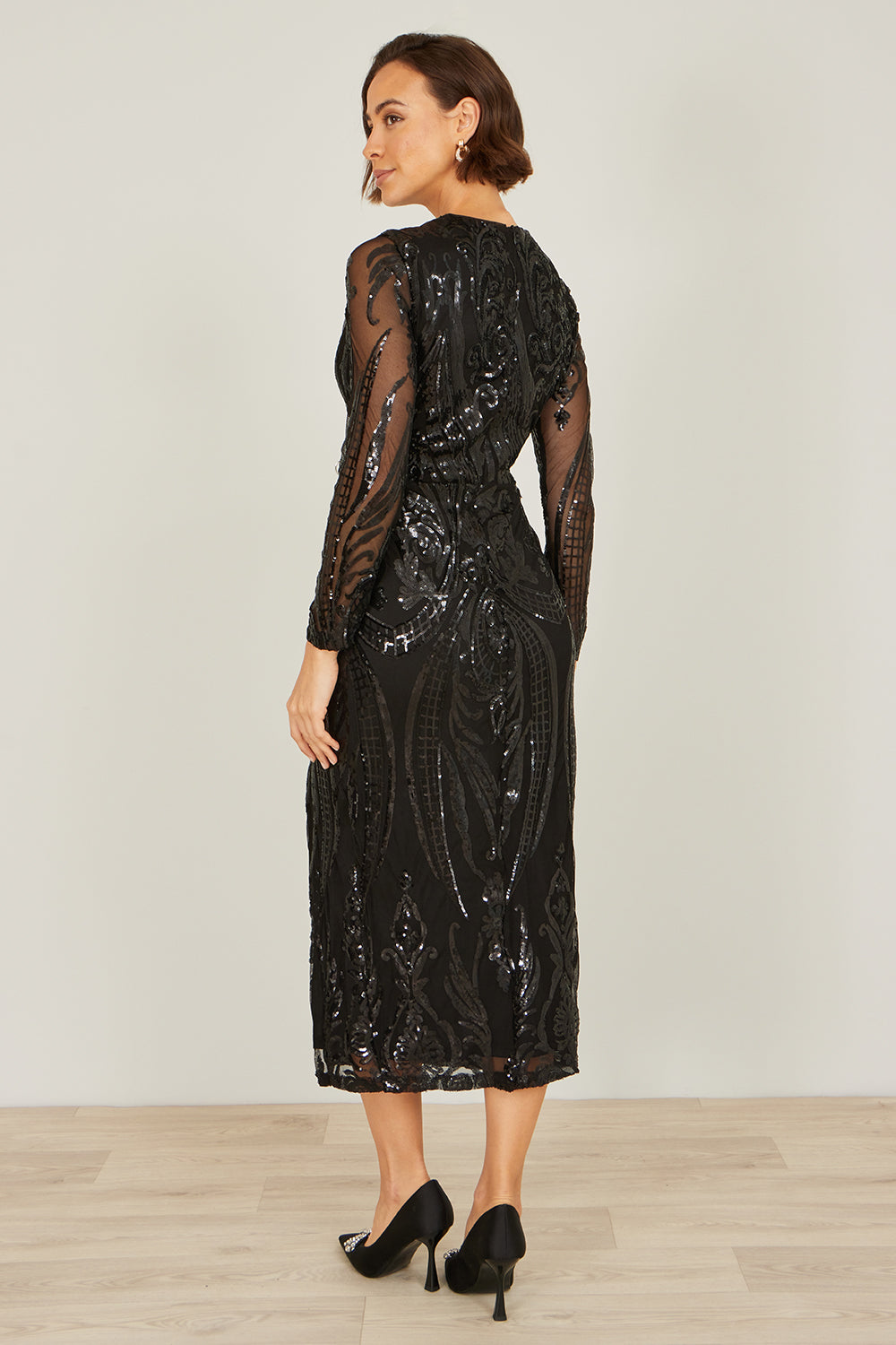 Yumi Black Sequin Midi Wrap Dress With Split Hemline And Long Sleeves Dress Party Yumi