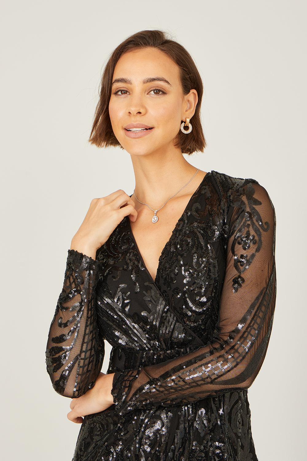 Yumi Black Sequin Midi Wrap Dress With Split Hemline And Long Sleeves | Yumi Yumi Black Sequin Midi Wrap Dress With Split Hemline And Long Sleeves | Yumi