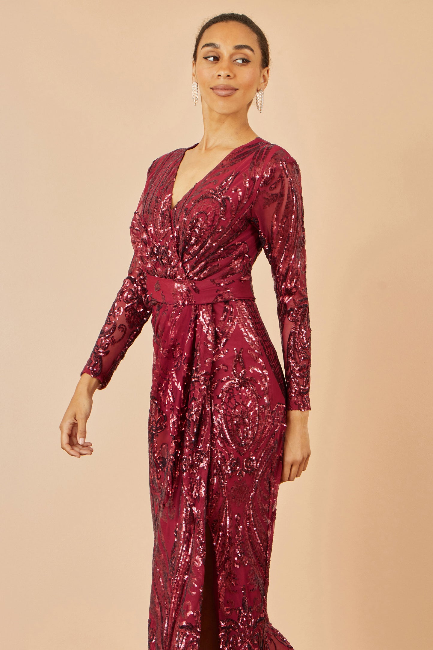 Yumi Red Sequin Midi Wrap Dress With Split Hemline And Long Sleeves Dress Party Yumi