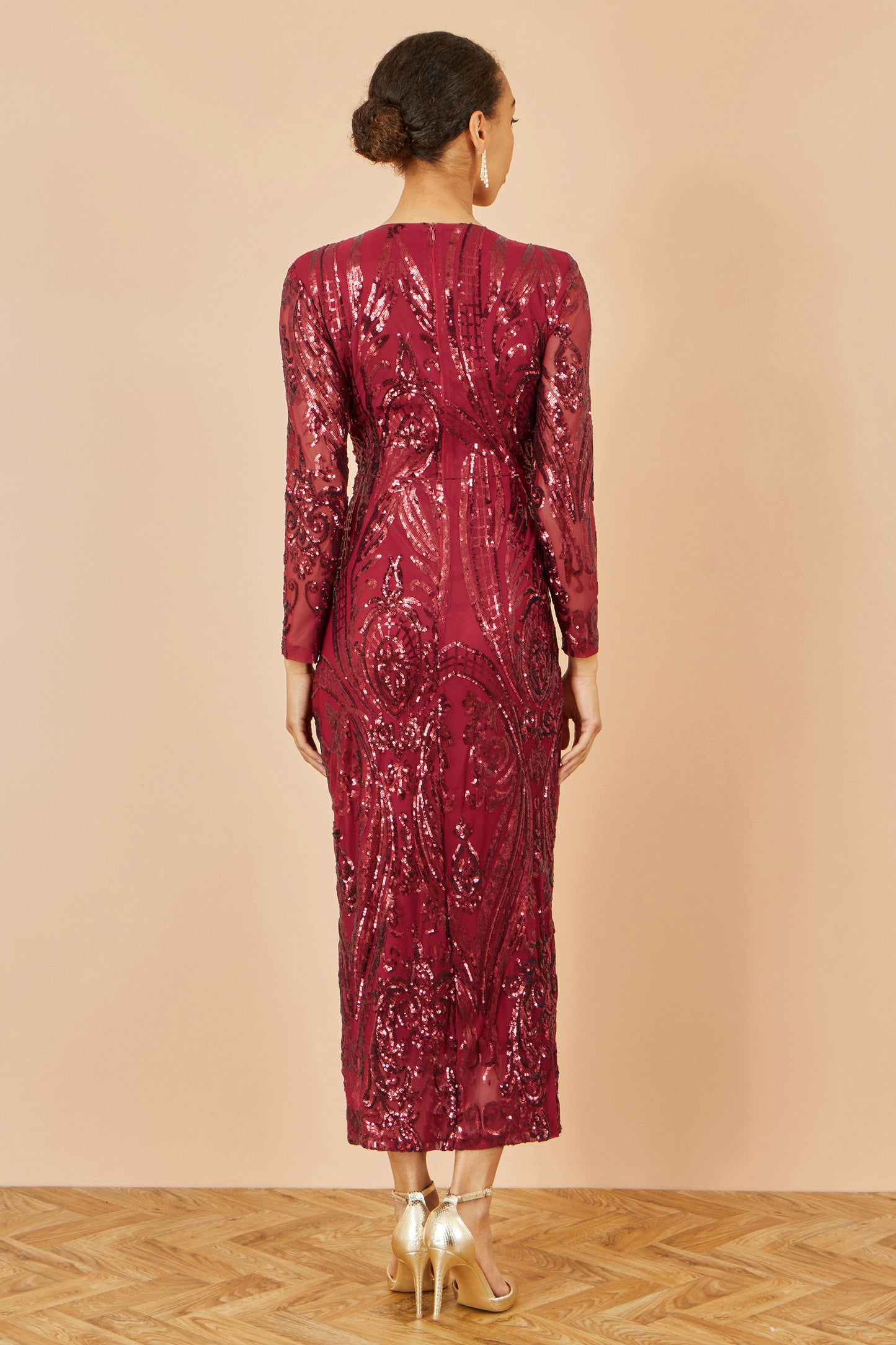 Yumi Red Sequin Midi Wrap Dress With Split Hemline And Long Sleeves Dress Party Yumi