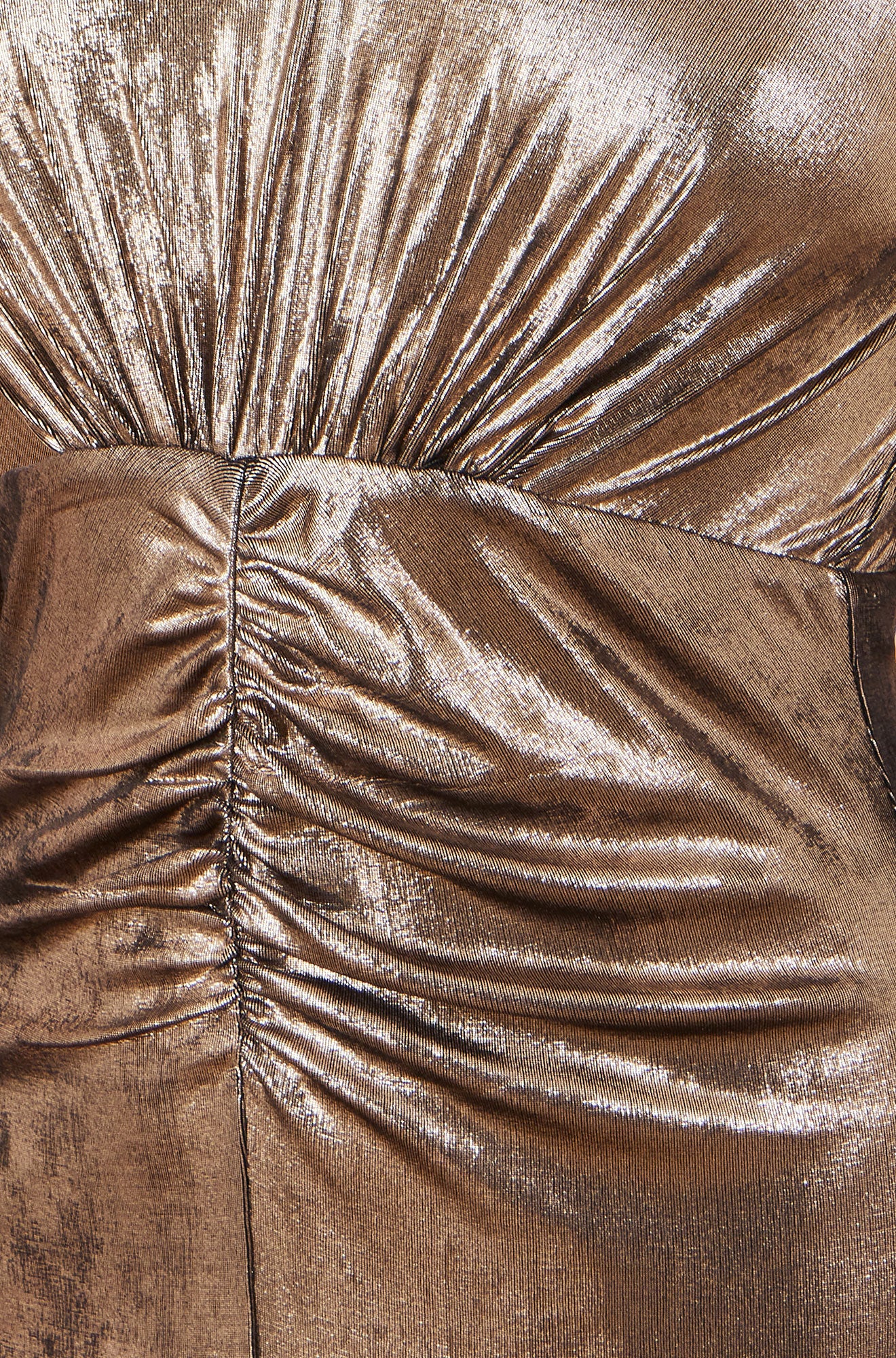 Yumi Gold Metallic Stretch Ruched Maxi Dress With Long Sleeves And Split Hemline Dress Party Yumi