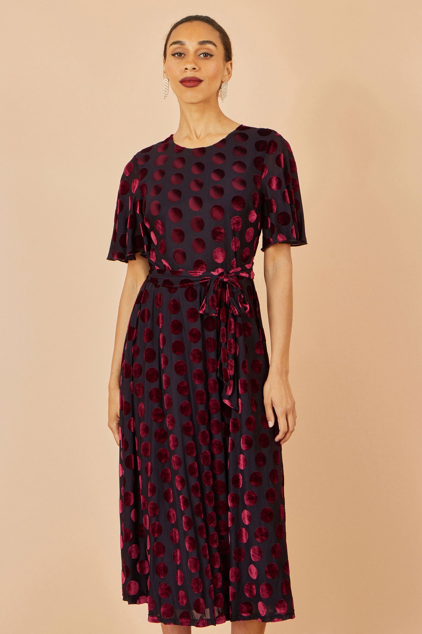 Yumi Burgundy Velour Spot Midi Skater Dress Dress Party Yumi