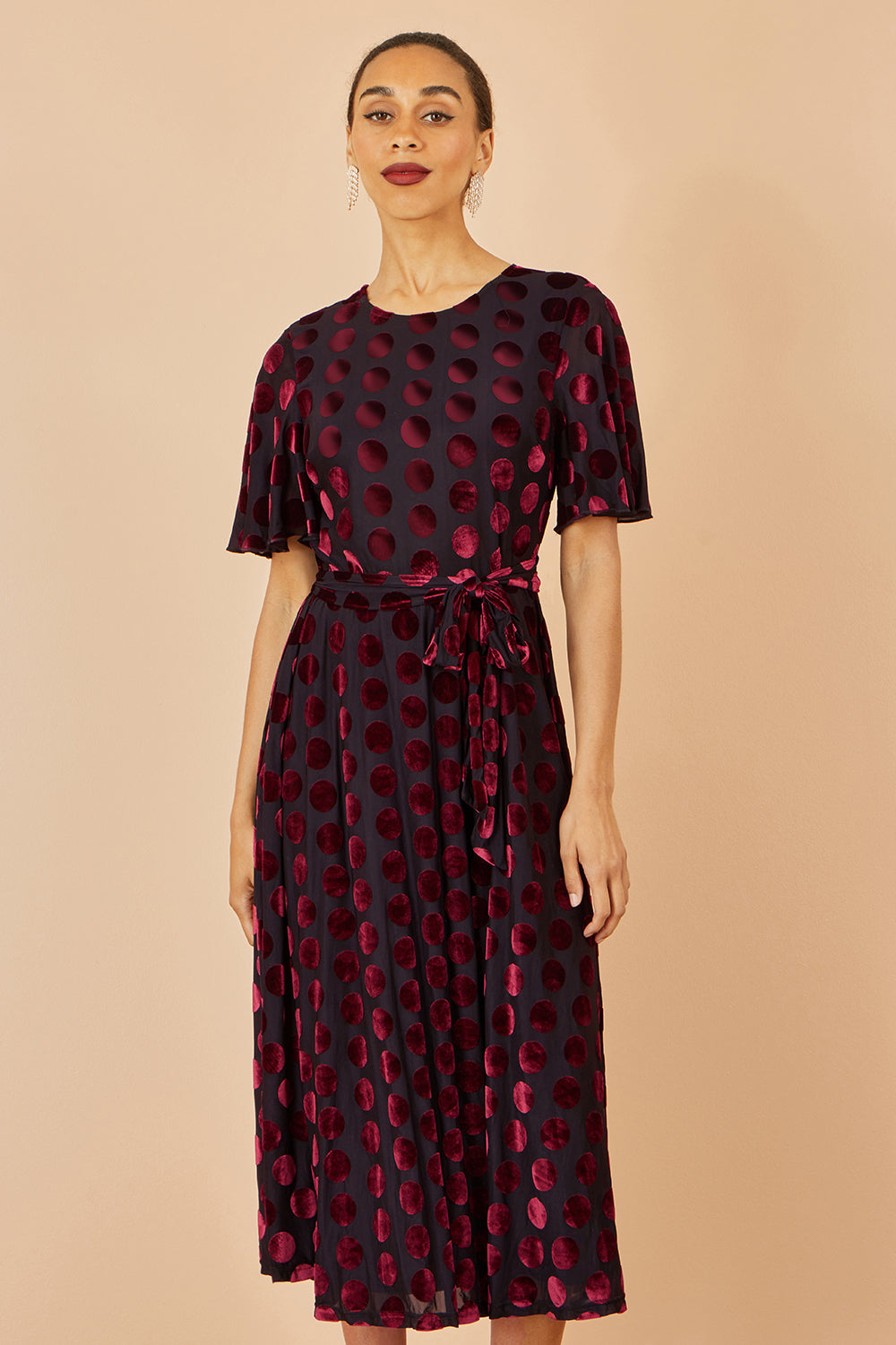 Yumi Burgundy Velour Spot Midi Skater Dress Dress Party Yumi