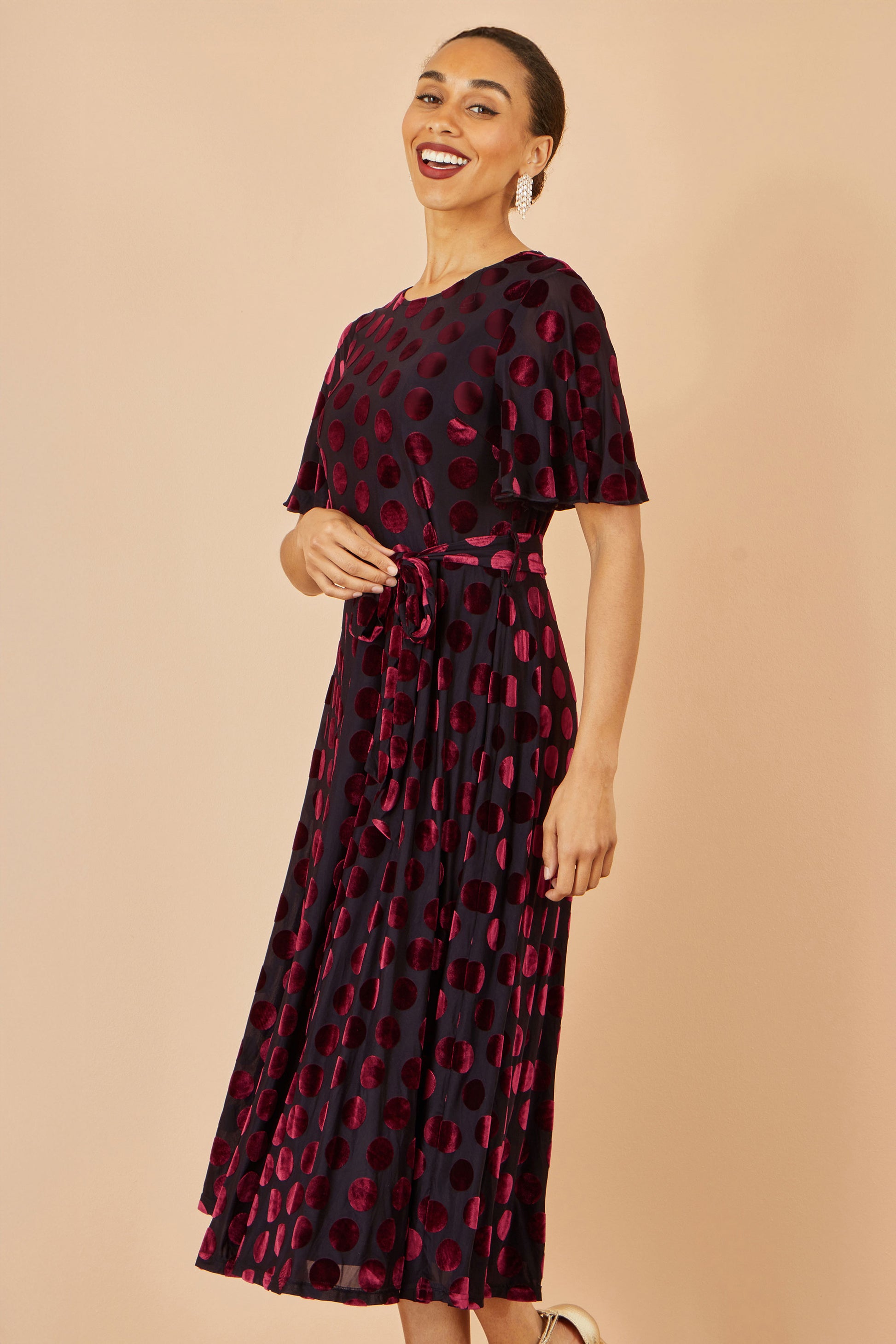 Yumi Burgundy Velour Spot Midi Skater Dress Dress Party Yumi