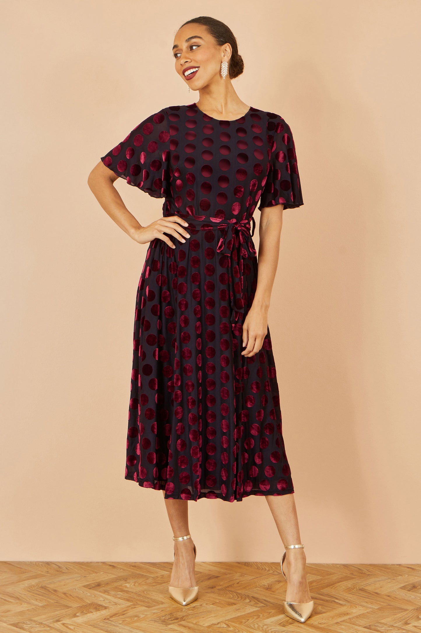 Yumi Burgundy Velour Spot Midi Skater Dress Dress Party Yumi