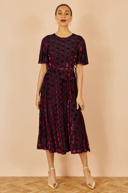 Yumi Burgundy Velour Spot Midi Skater Dress Dress Party Yumi