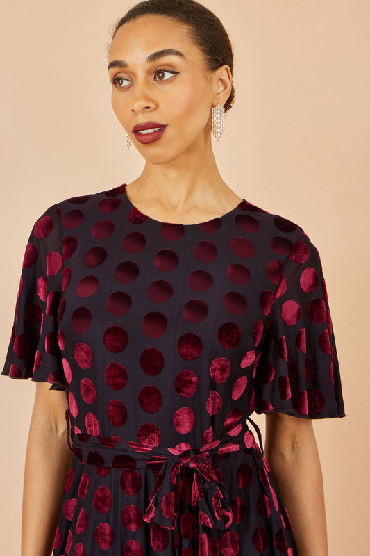 Yumi Burgundy Velour Spot Midi Skater Dress Dress Party Yumi
