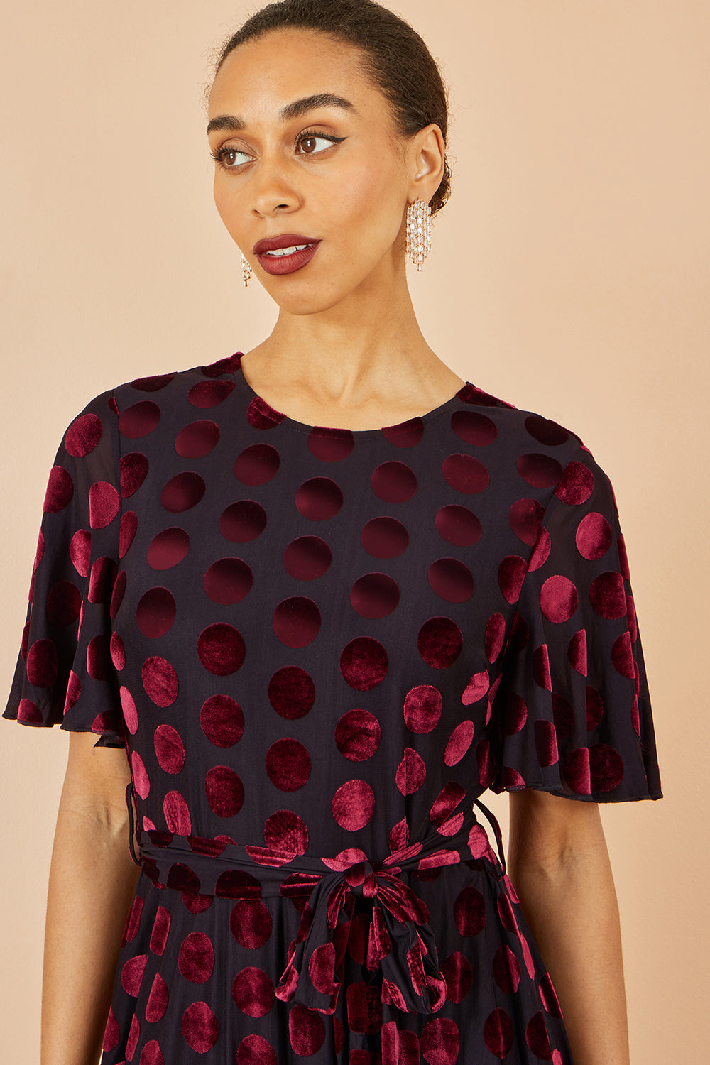 Yumi Burgundy Velour Spot Midi Skater Dress | Yumi Yumi Burgundy Velour Spot Midi Skater Dress | Yumi