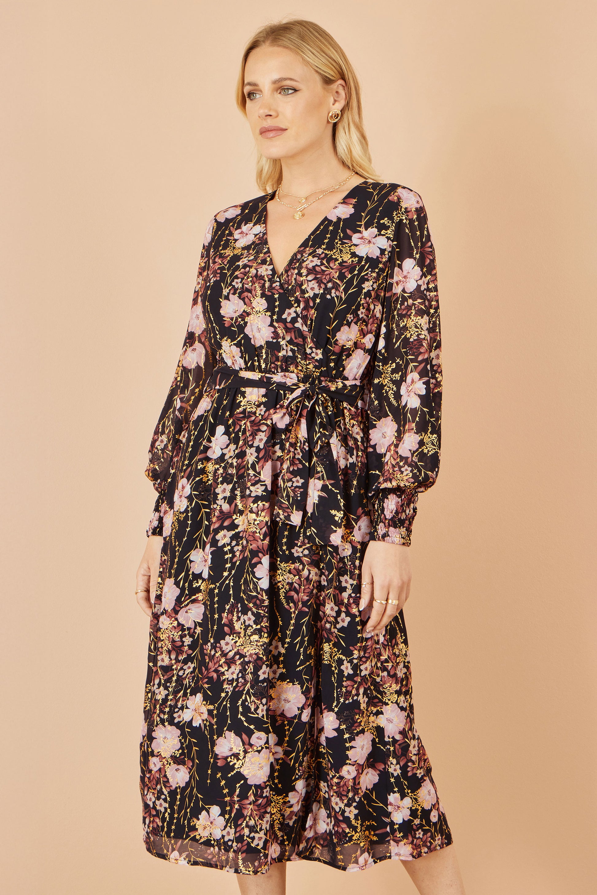 Yumi Black Foiled Floral Print Wrap Midi Dress Dress Occasion Yumi