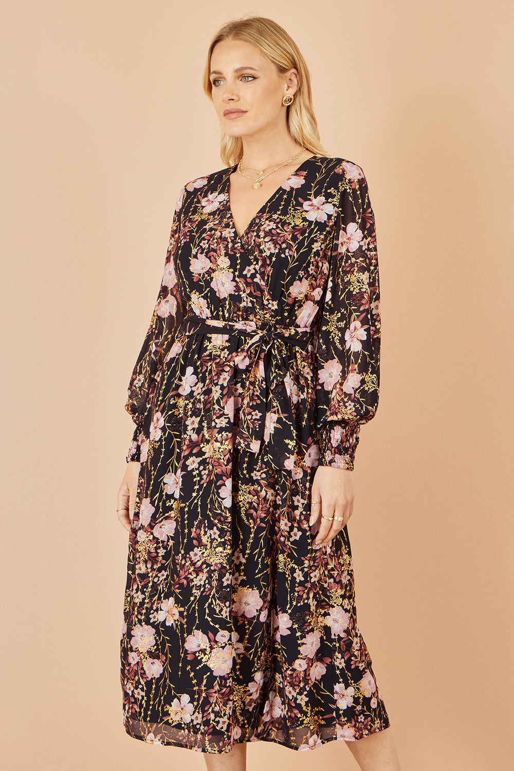 Yumi Black Foiled Floral Print Wrap Midi Dress Dress Occasion Yumi