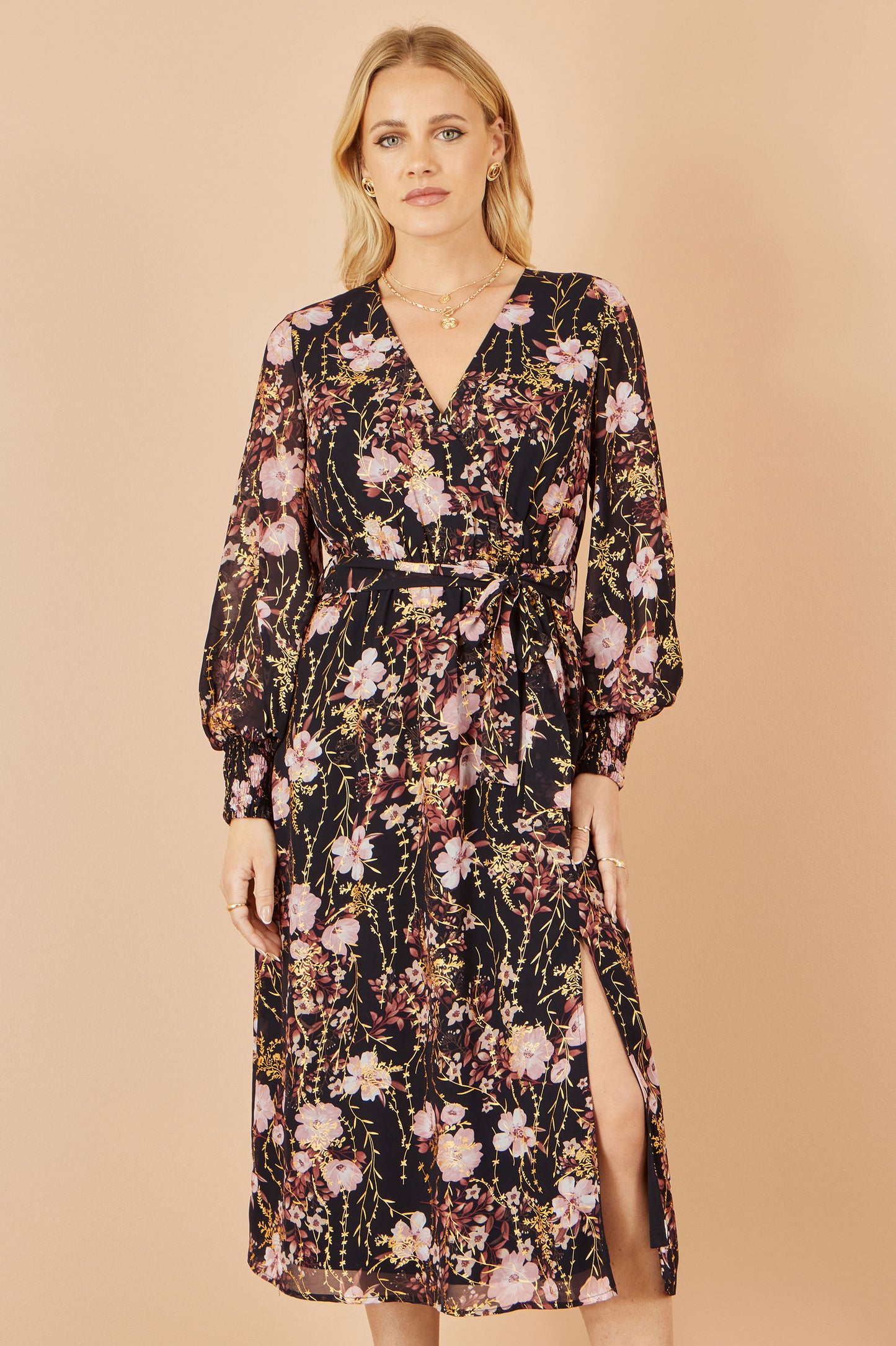 Yumi Black Foiled Floral Print Wrap Midi Dress Dress Occasion Yumi